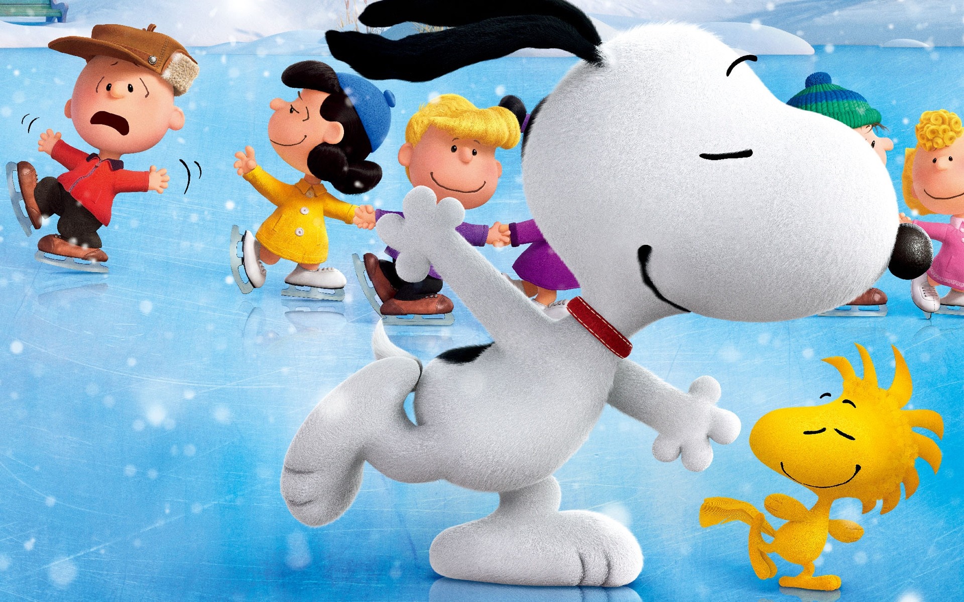 Snoopy and Woodstock ice skating with the Peanuts gang HD Wallpaper