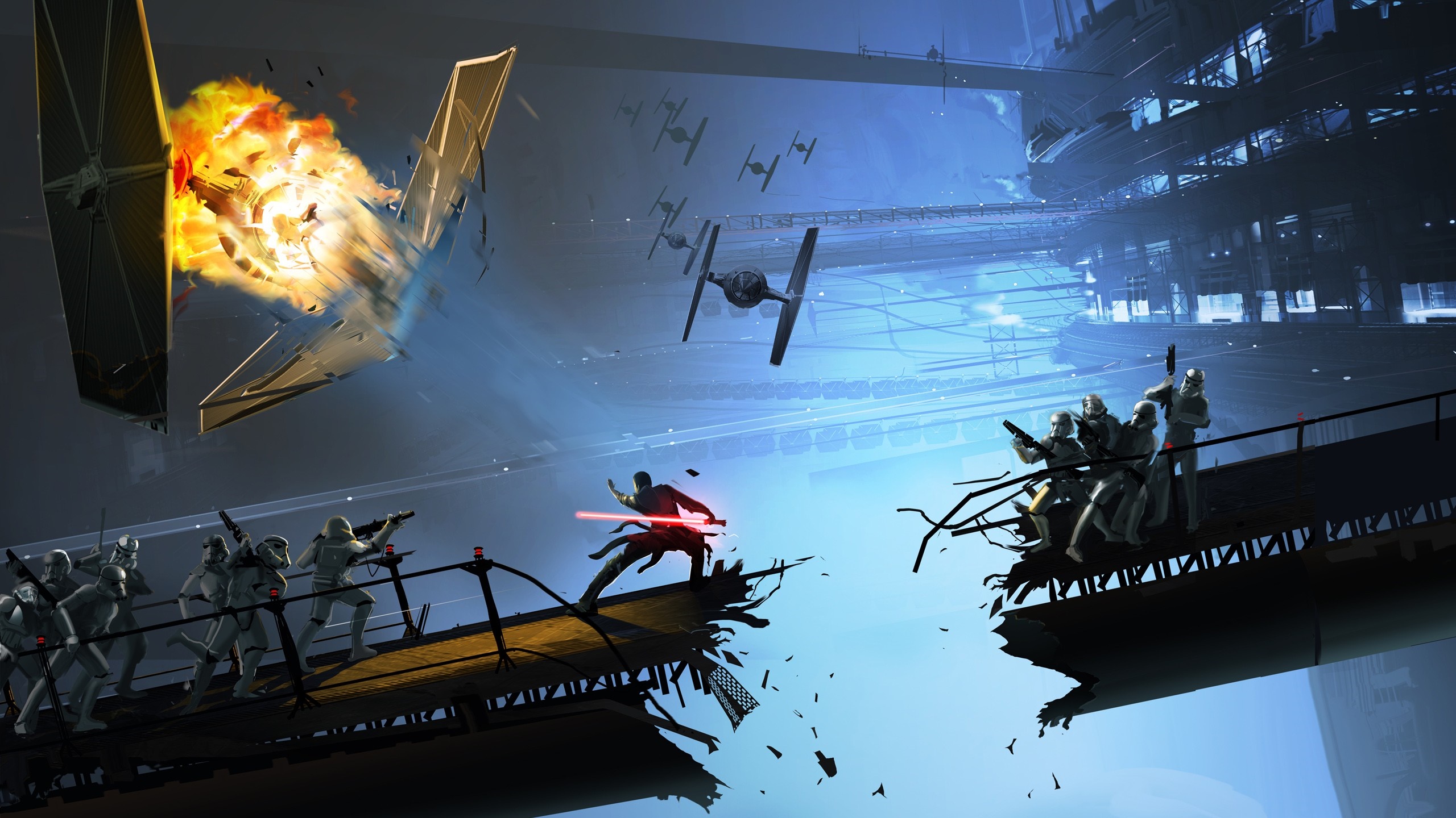 Star Wars artwork: TIE Fighter explosion and battle on a bridge HD Wallpaper