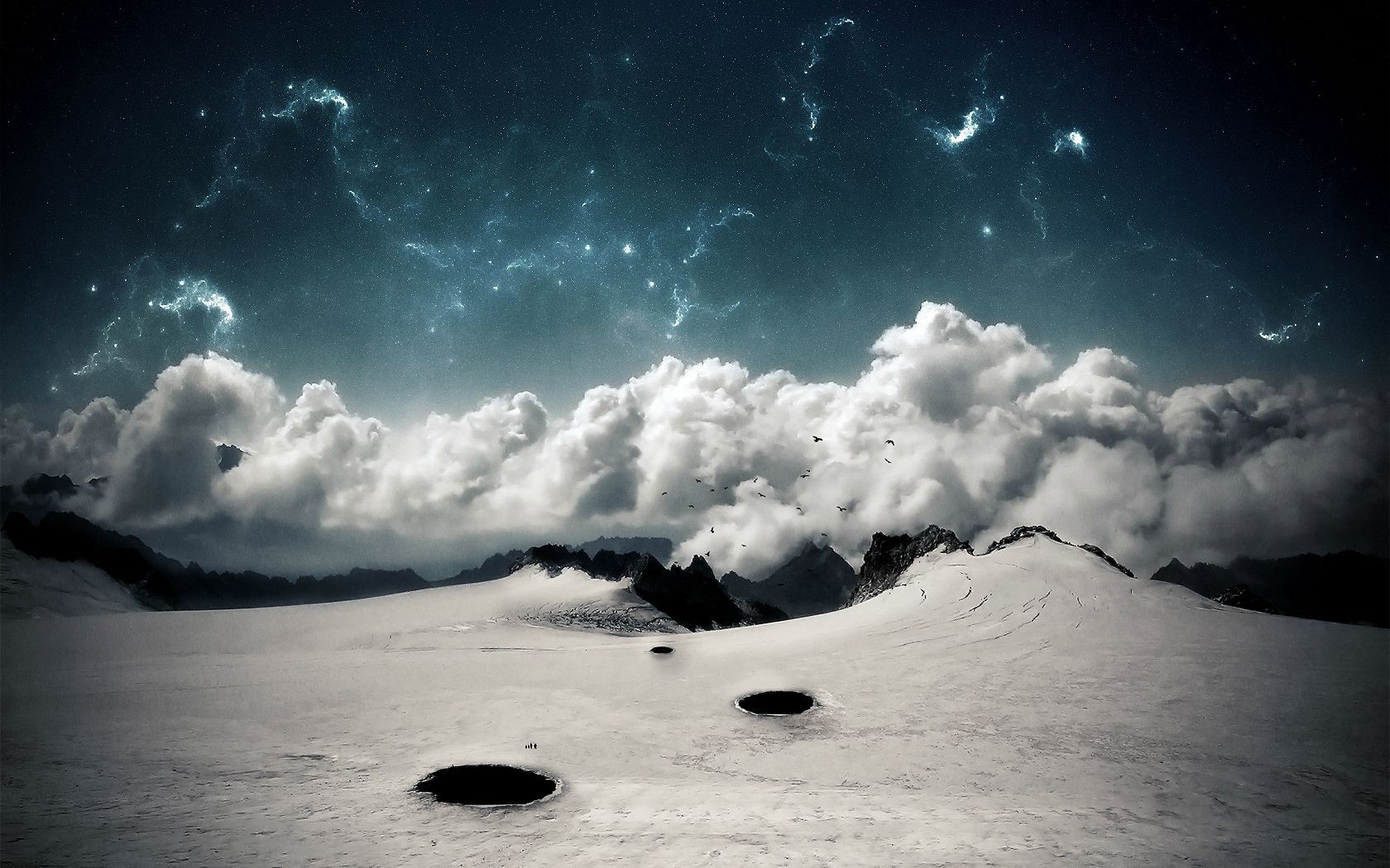 Snowy mountains under a starry night sky with clouds HD Wallpaper