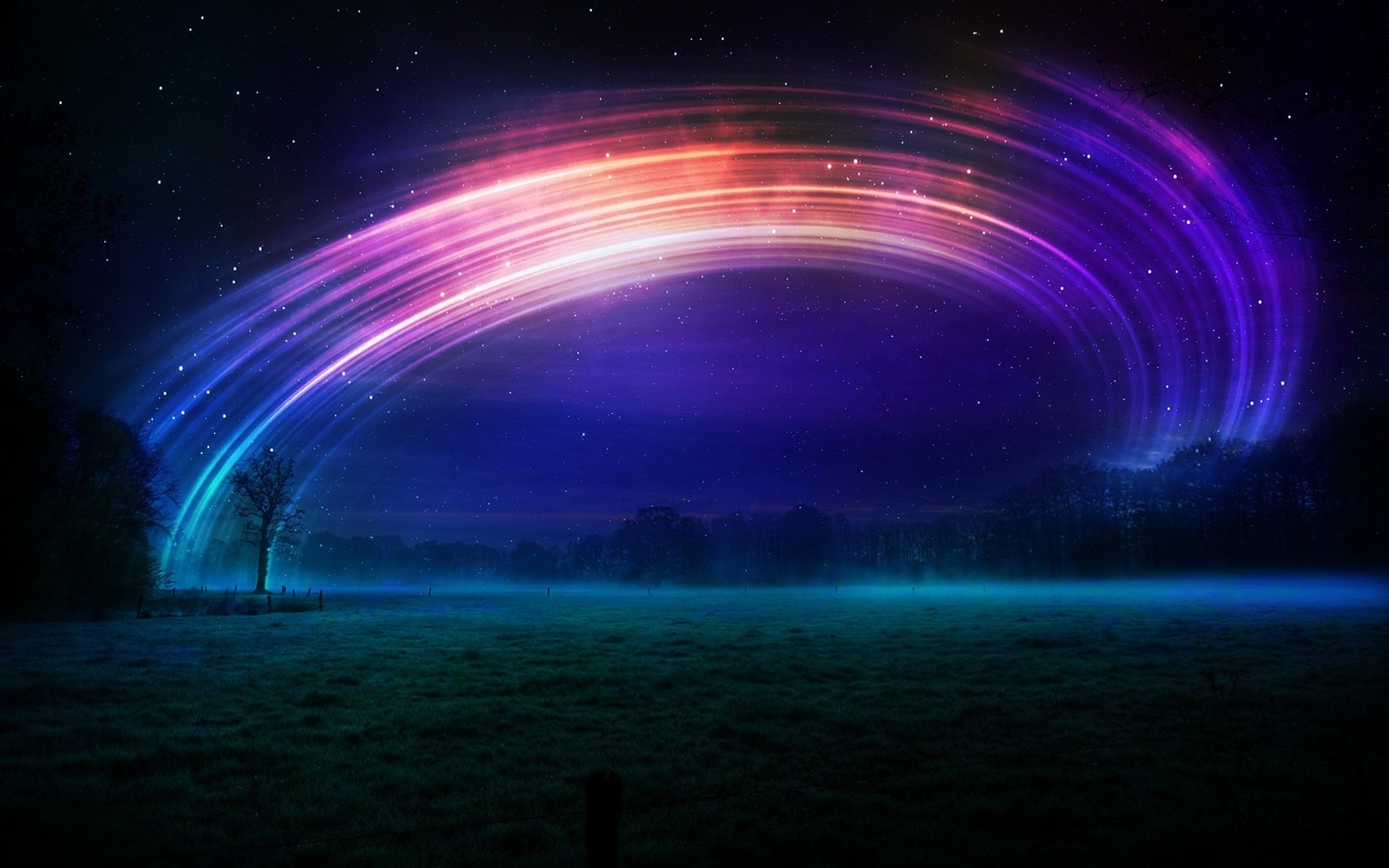 Night sky with aurora over a field HD Wallpaper