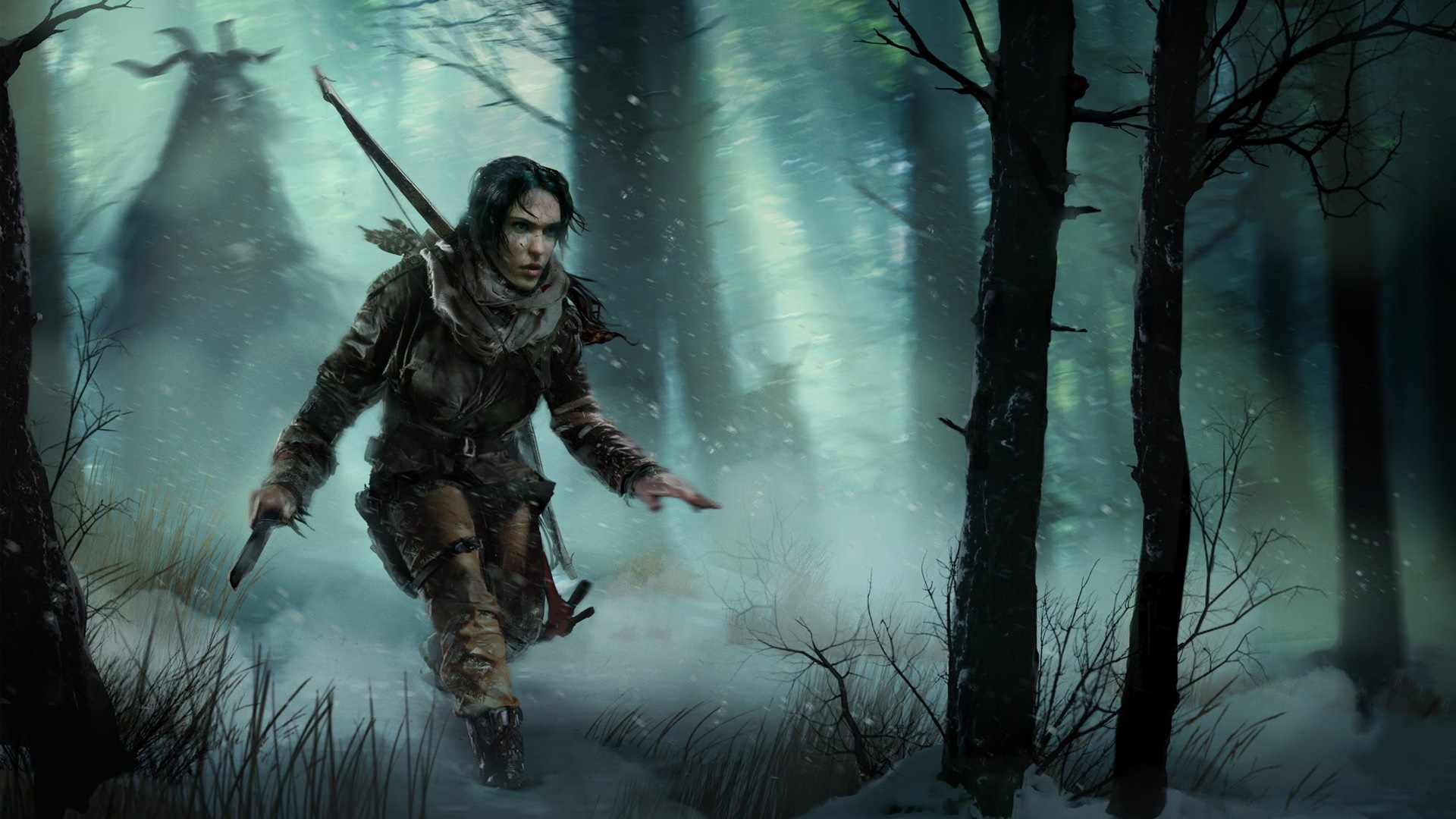 Lara Croft from Rise of the Tomb Raider in a snowy forest HD Wallpaper