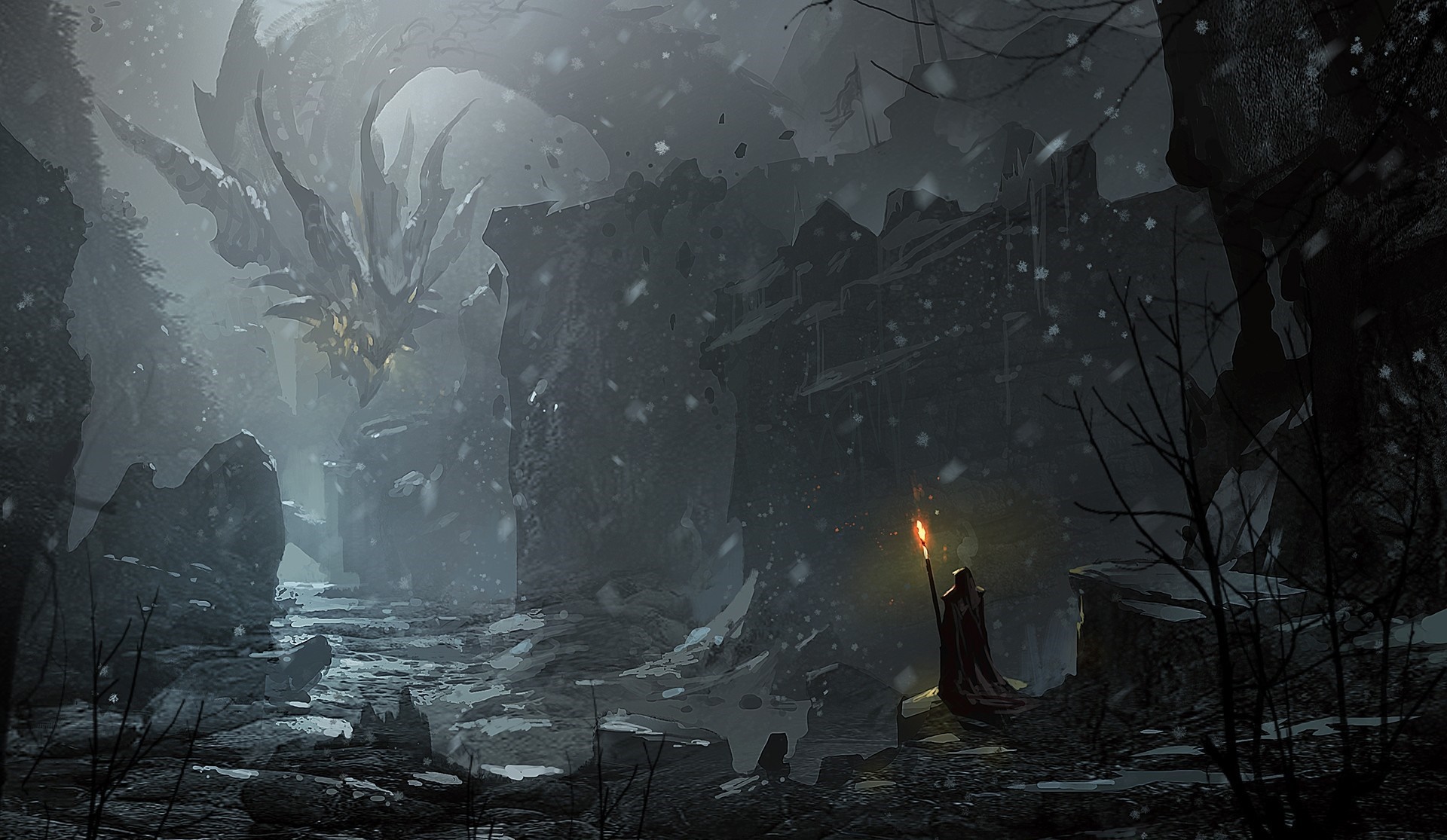 Fantasy art of a dragon and a wizard in a snowy landscape HD Wallpaper