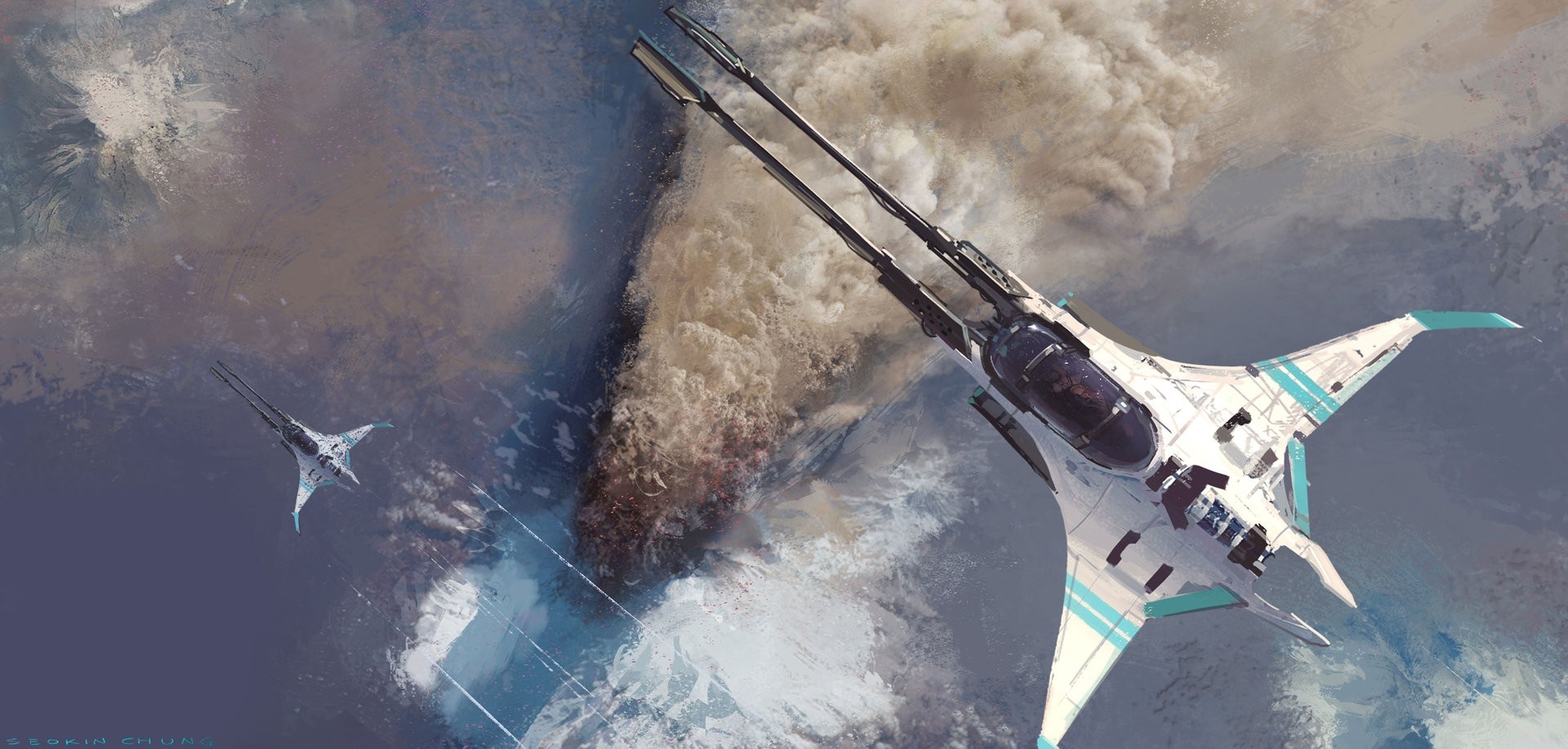 Science fiction artwork of two fighter aircraft in atmosphere HD Wallpaper