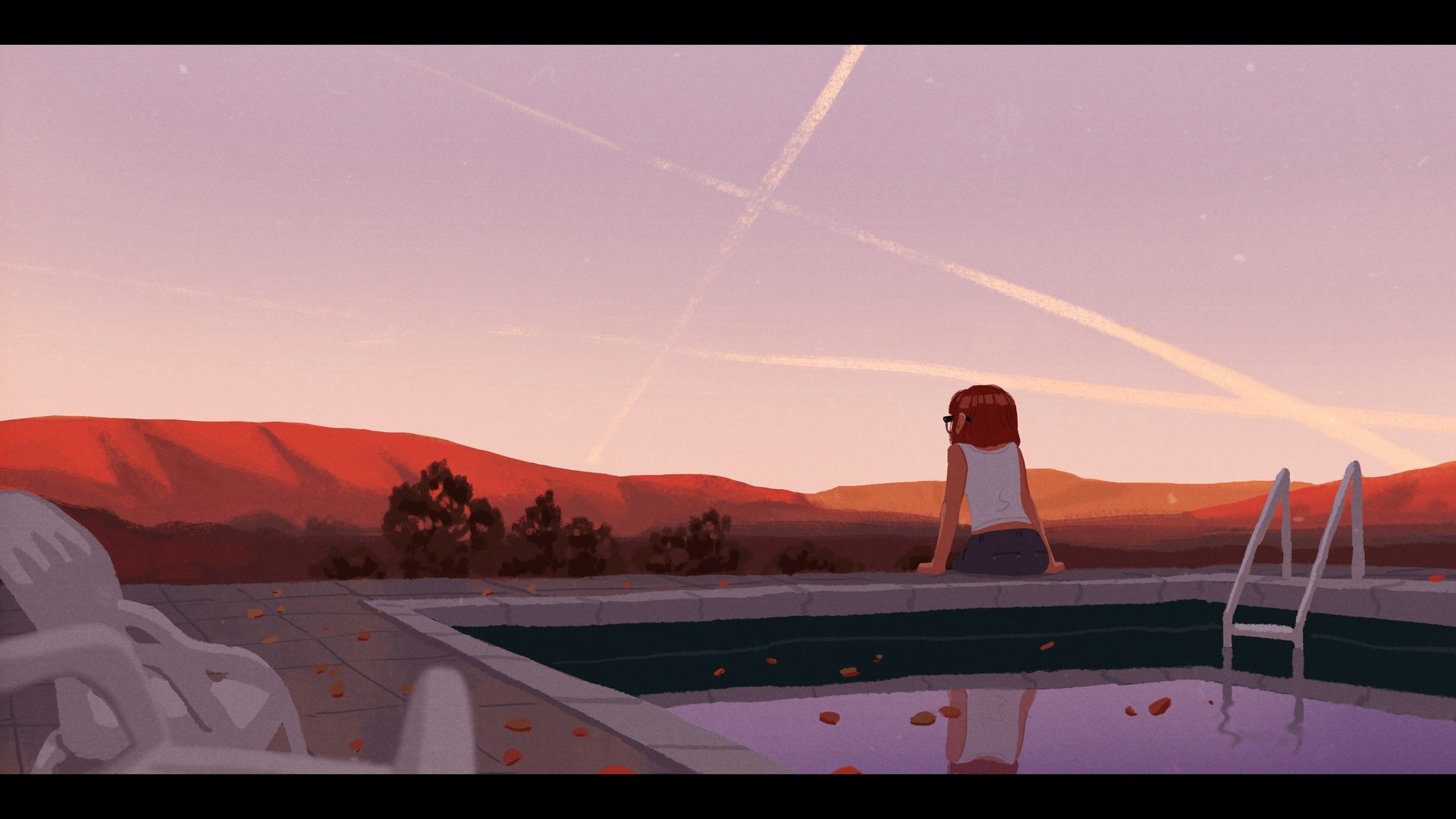 Girl sitting by a swimming pool at sunset HD Wallpaper