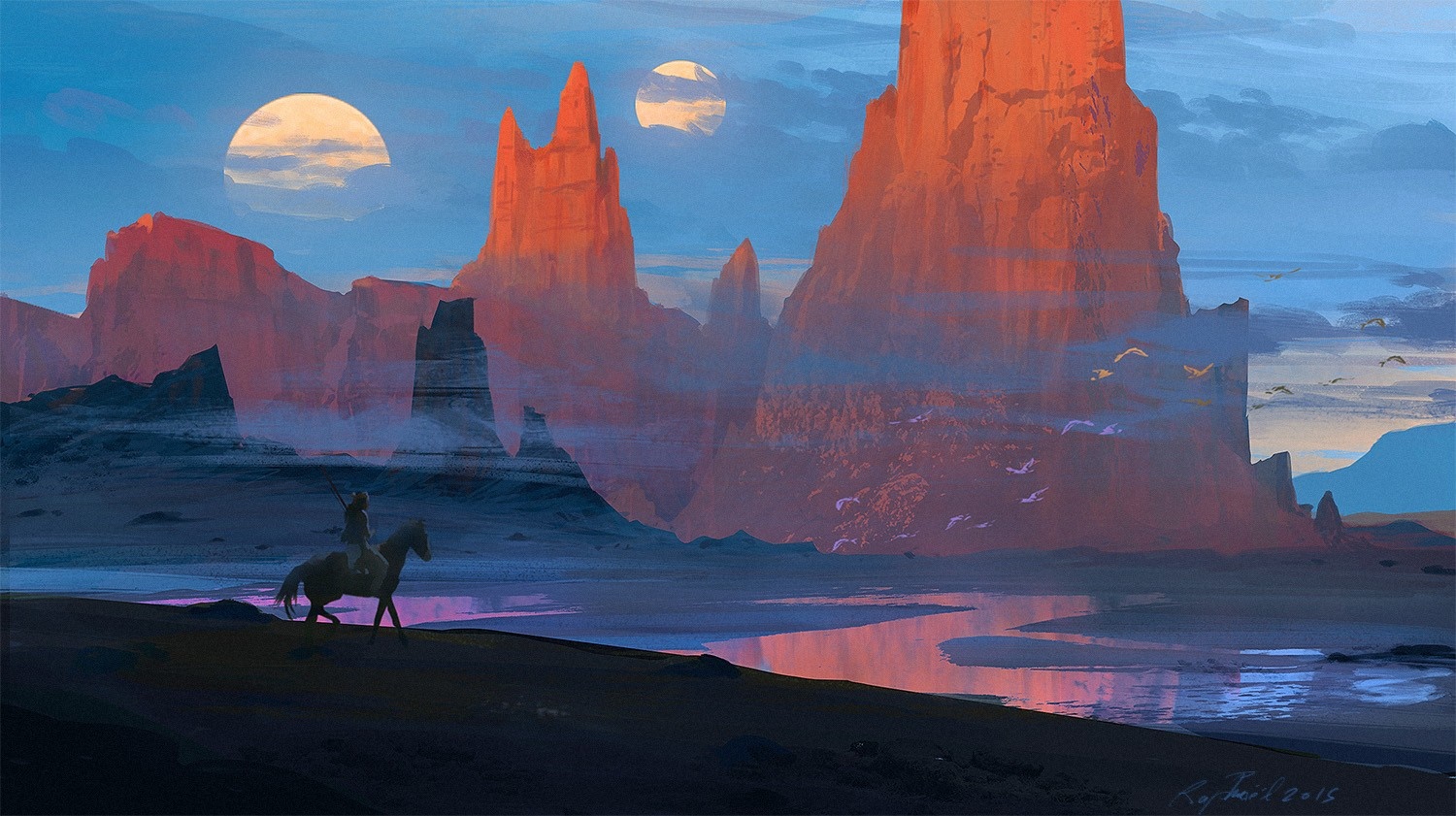 Fantasy landscape with rider and rock formations at sunset HD Wallpaper