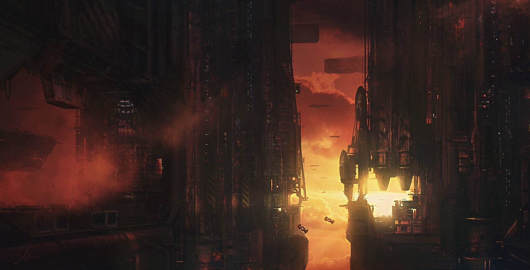Science fiction city at sunset with flying vehicles HD Wallpaper