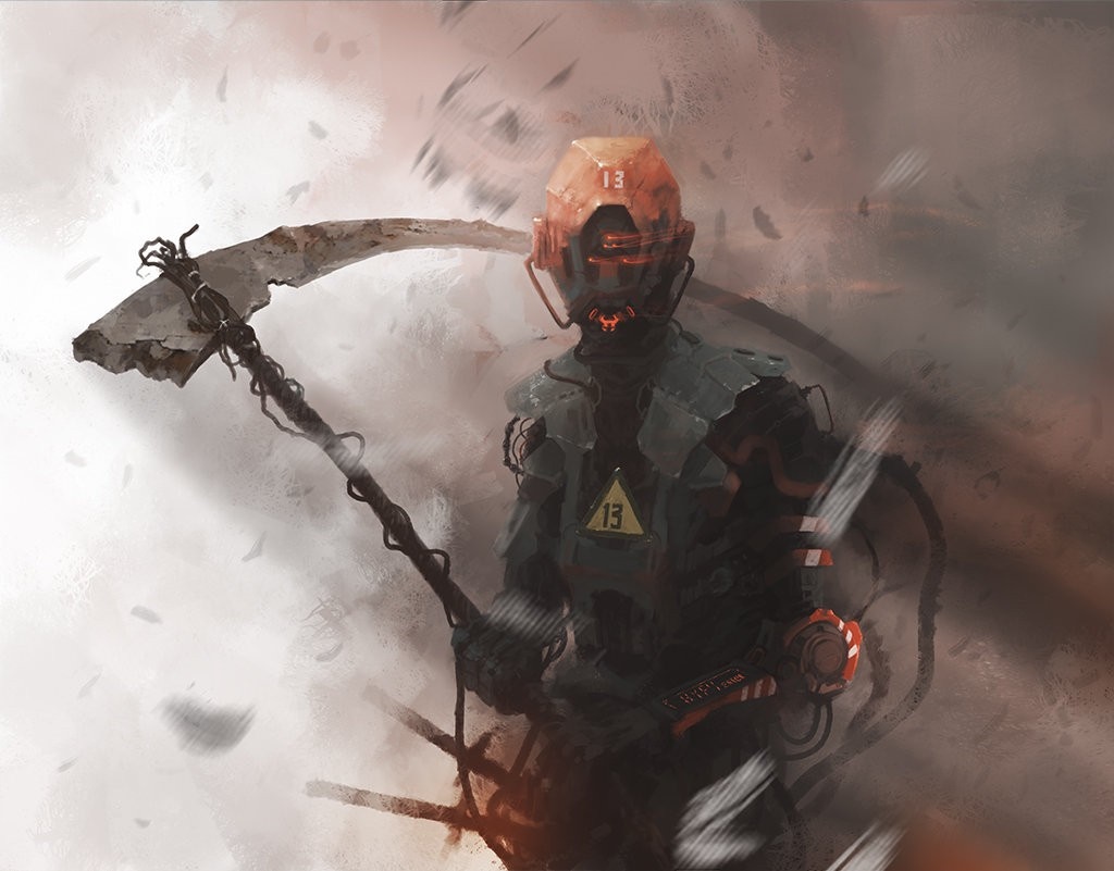 Soldier with scythe and helmet HD Wallpaper