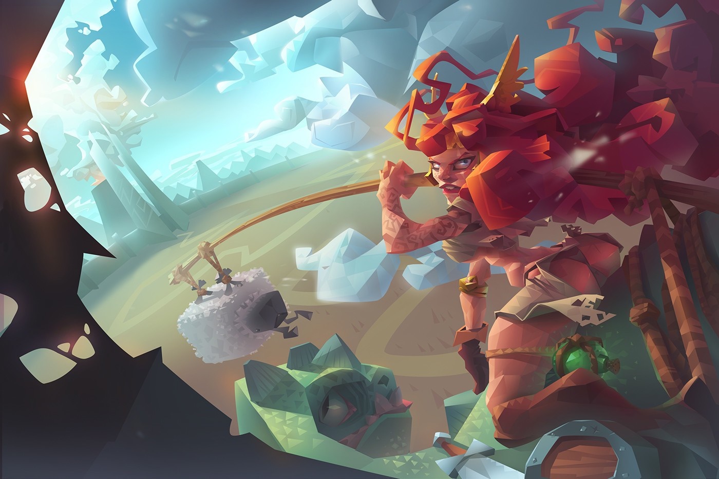 Viking woman fishing for a dragon with a sheep HD Wallpaper