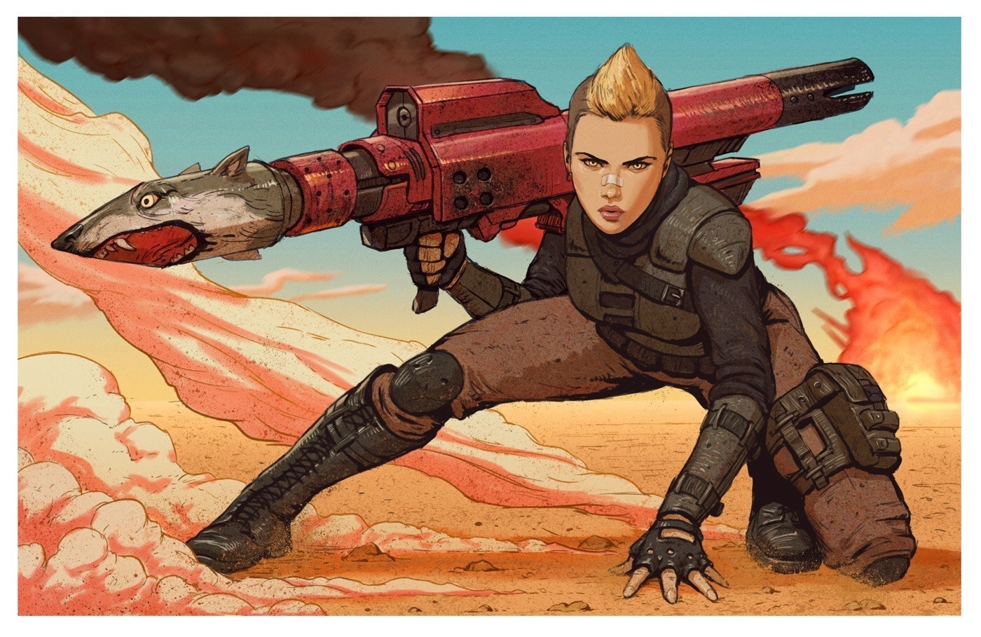 Woman with rocket launcher in desert HD Wallpaper