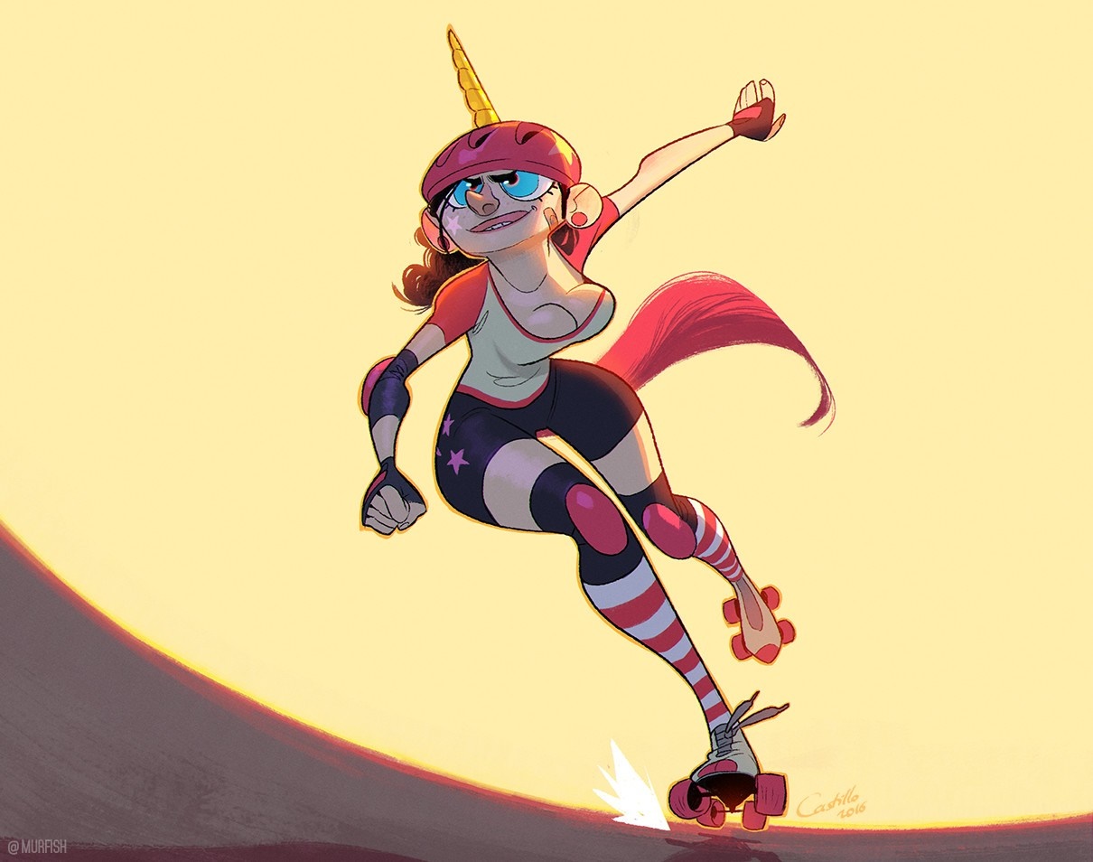 Cartoon unicorn girl on roller skates HD Wallpaper