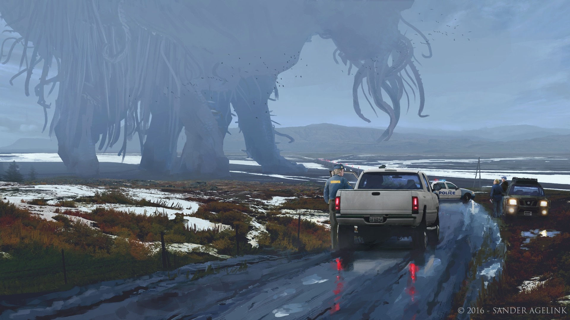 Giant Eldritch Creature and Police Cars in Snowy Landscape HD Wallpaper