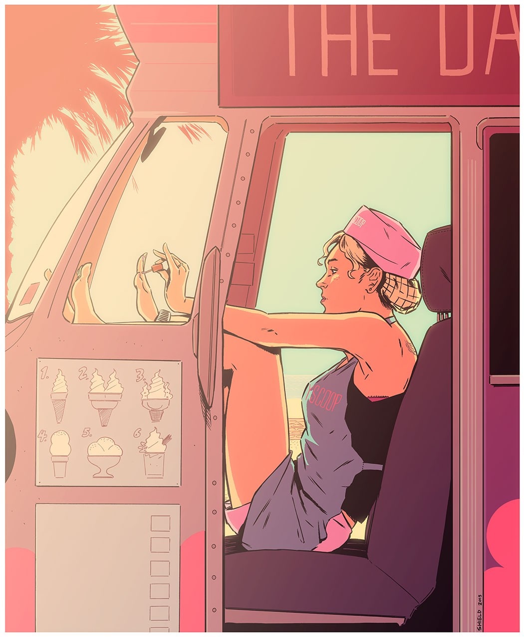 Woman in ice cream truck painting her nails HD Wallpaper