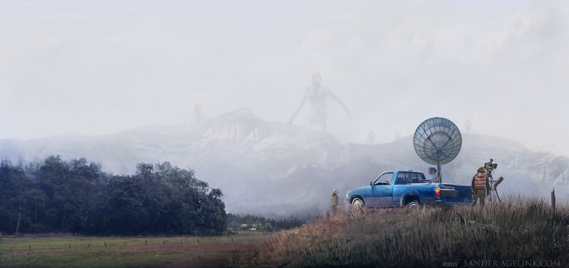 Giant figures in mist with a research team and truck HD Wallpaper