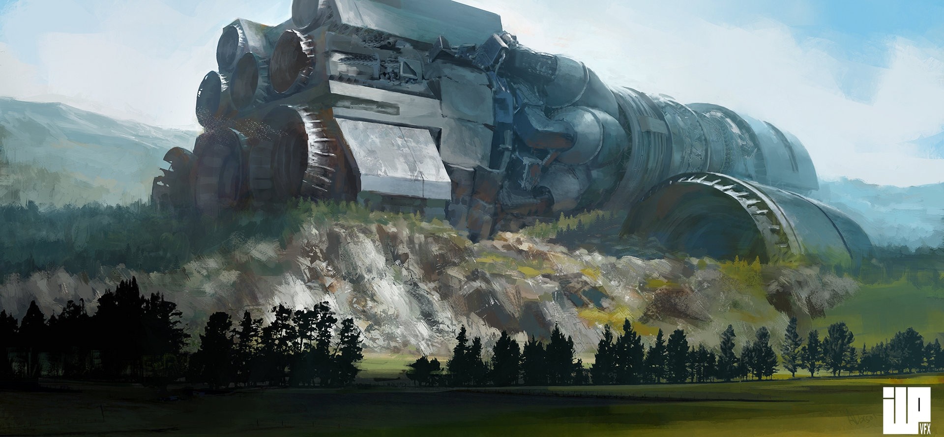 Abandoned spaceship in a grassy landscape HD Wallpaper