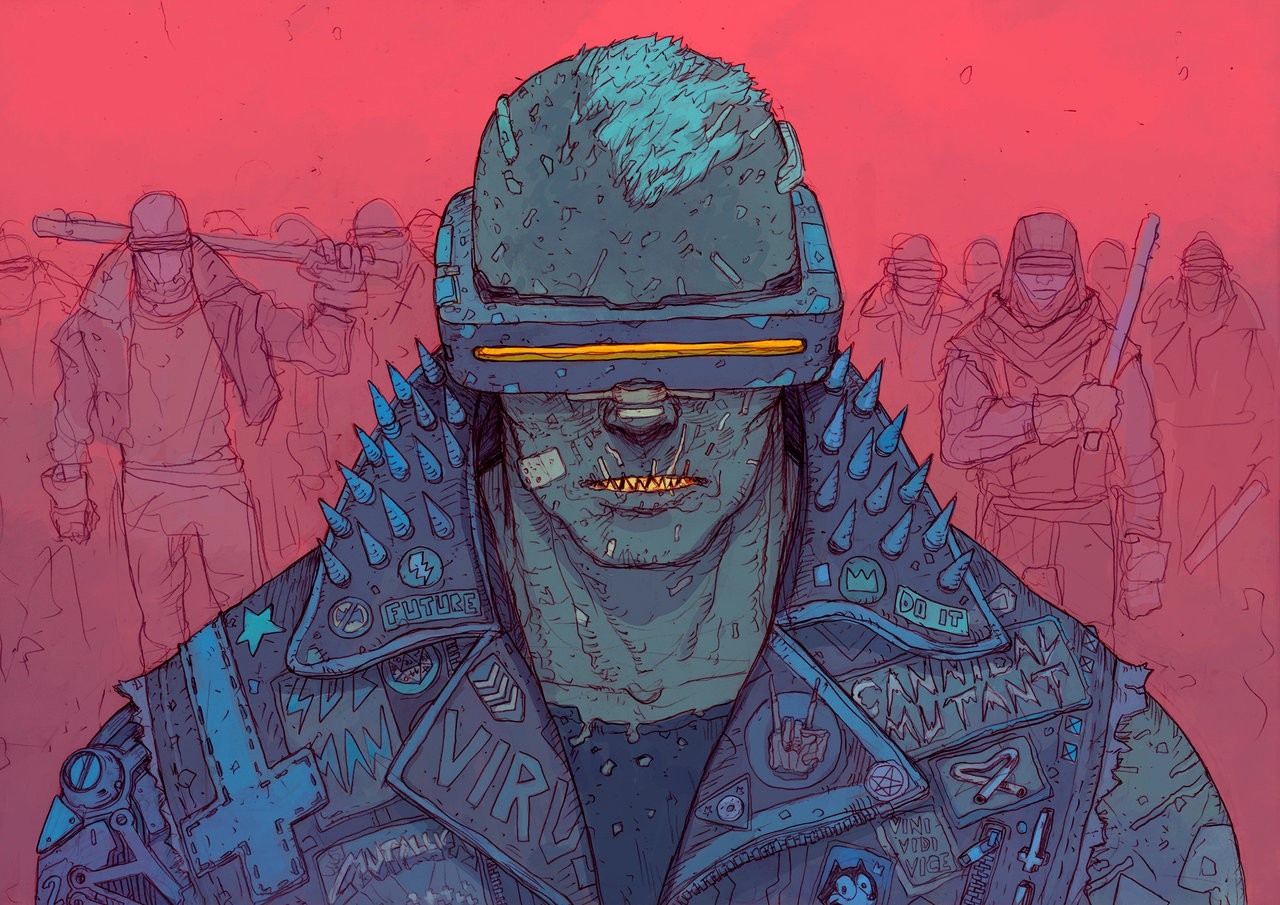 Cyberpunk mutant with spiked jacket and goggles HD Wallpaper