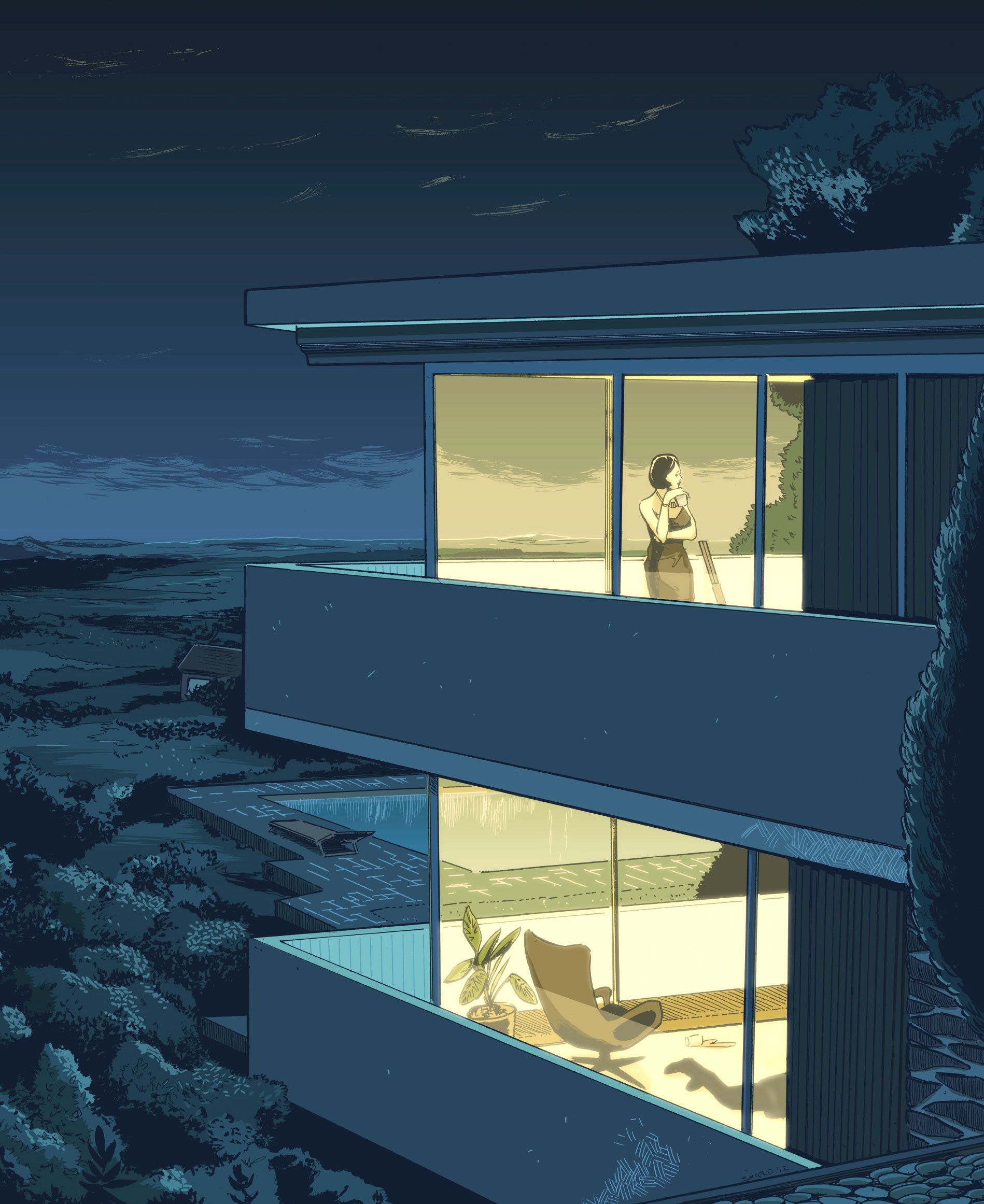 Illustration of a modern house at night HD Wallpaper