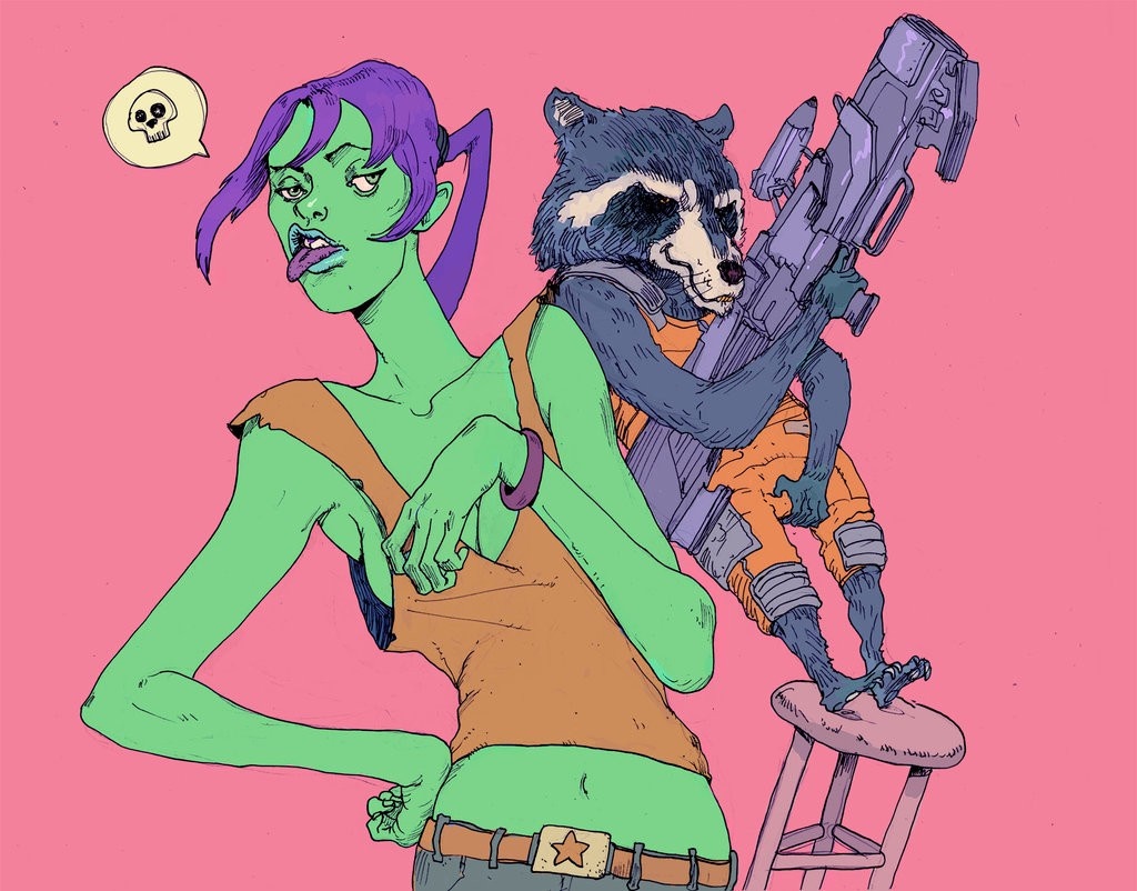 Green woman and Rocket Raccoon with a gun HD Wallpaper