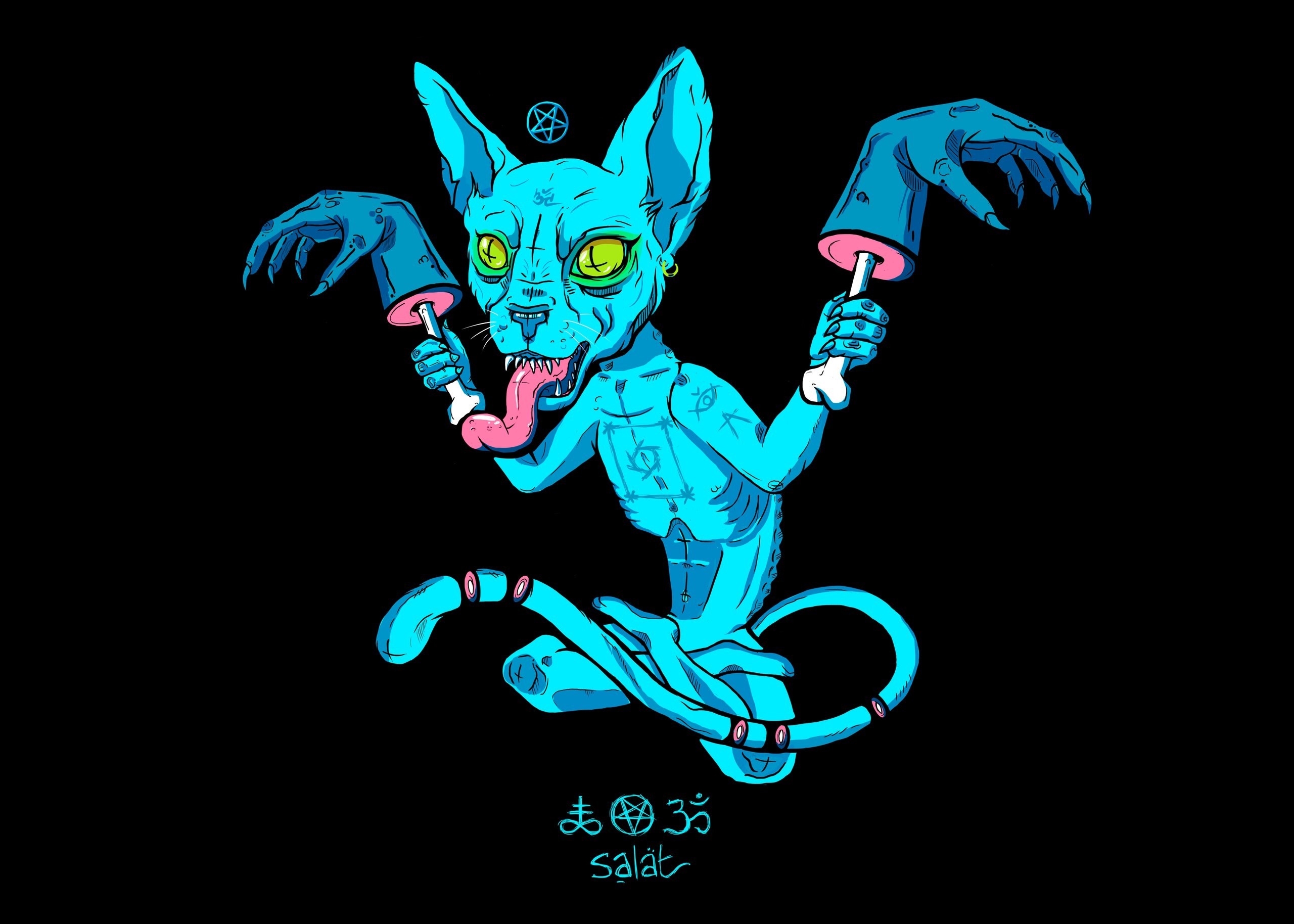 Creepy blue cat character with severed hands HD Wallpaper