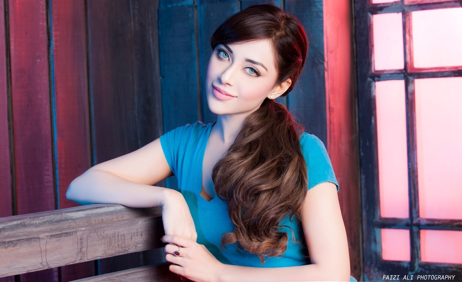 Model with Long Brown Hair in Blue Dress HD Wallpaper