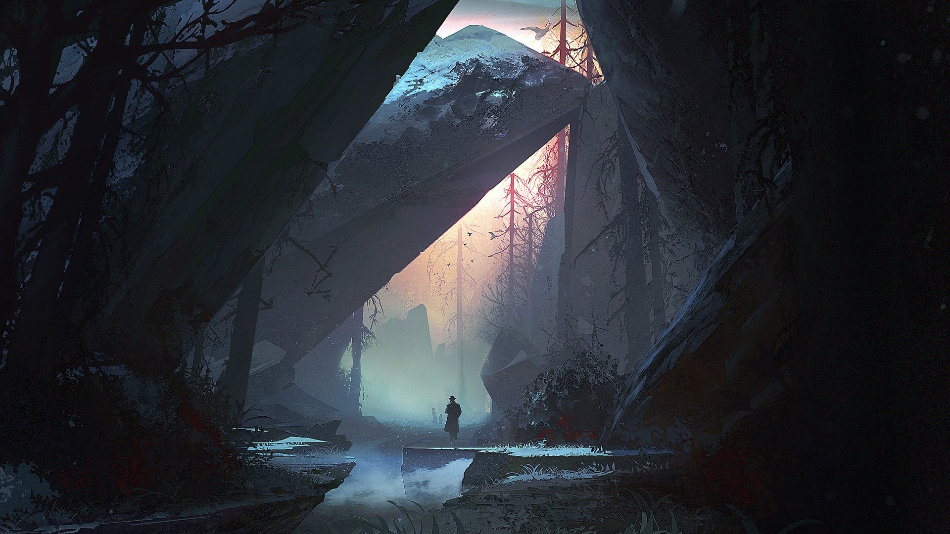 Fantasy art of a person in a dark forest with ice formations HD Wallpaper