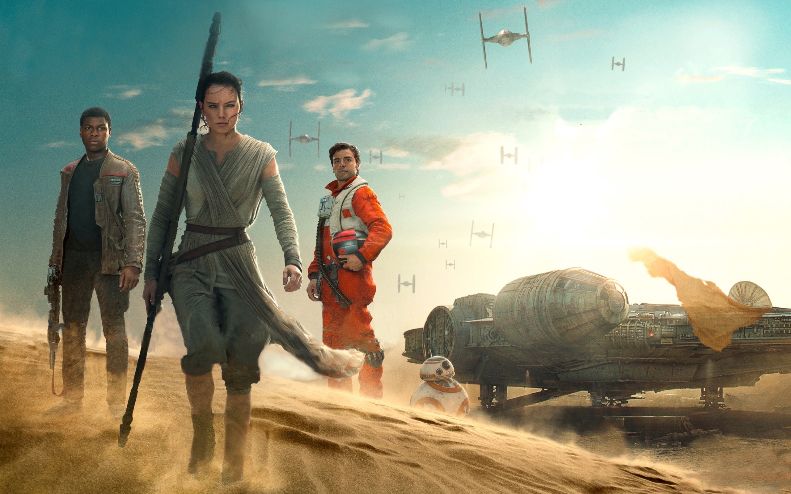 Rey, Finn, and Poe from Star Wars The Force Awakens HD Wallpaper