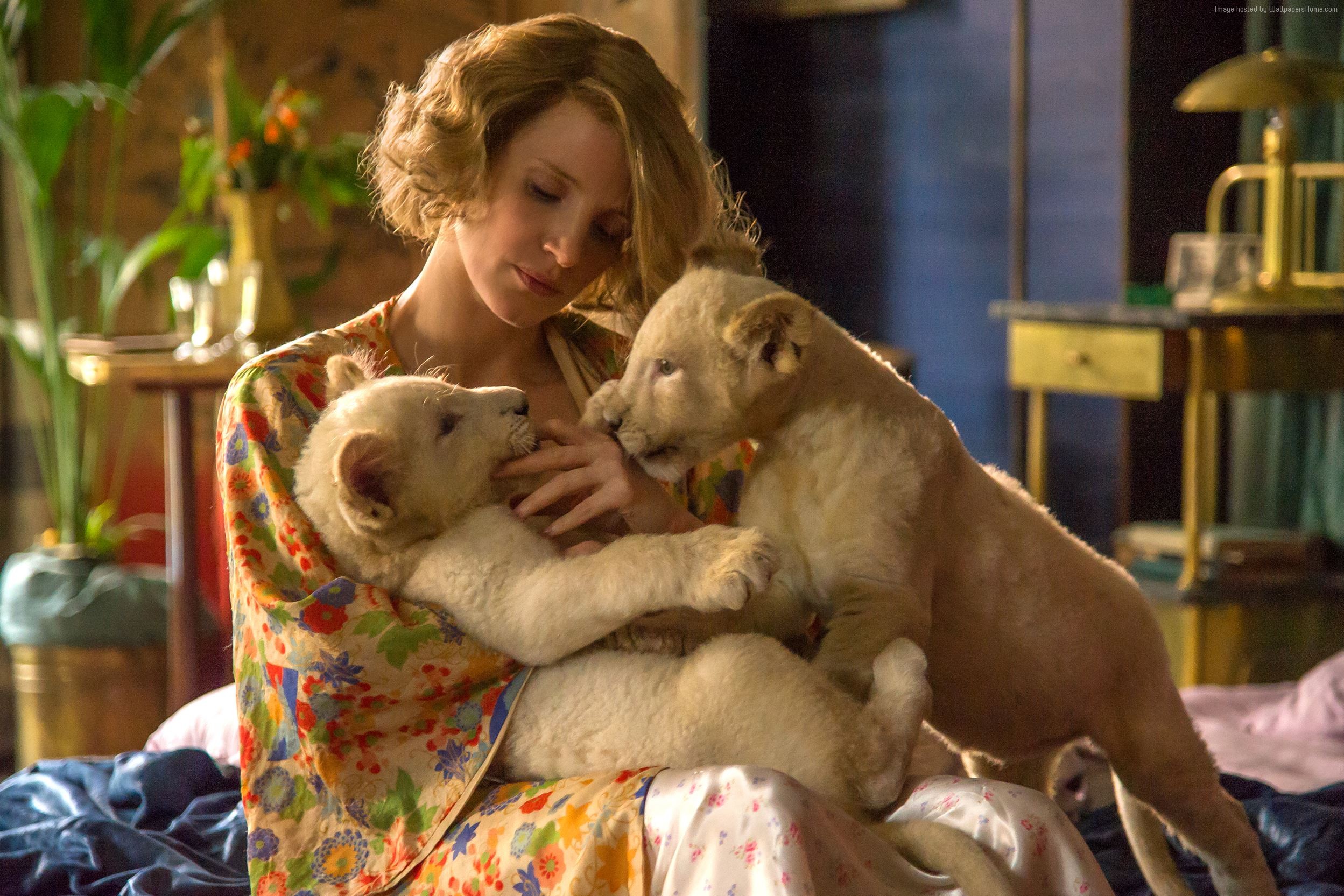 Jessica Chastain with lion cubs in The Zookeeper's Wife HD Wallpaper