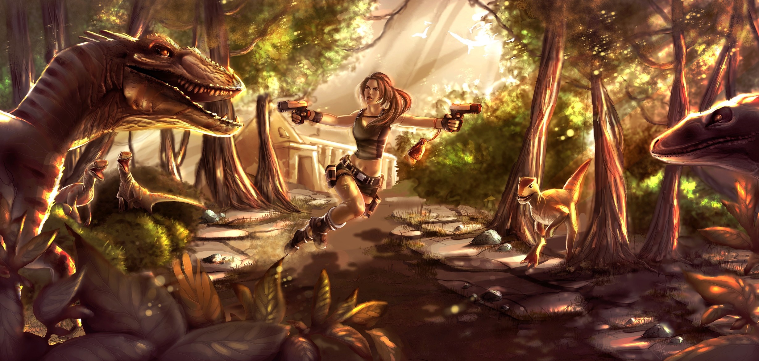 Lara Croft from Tomb Raider fighting dinosaurs in a jungle HD Wallpaper