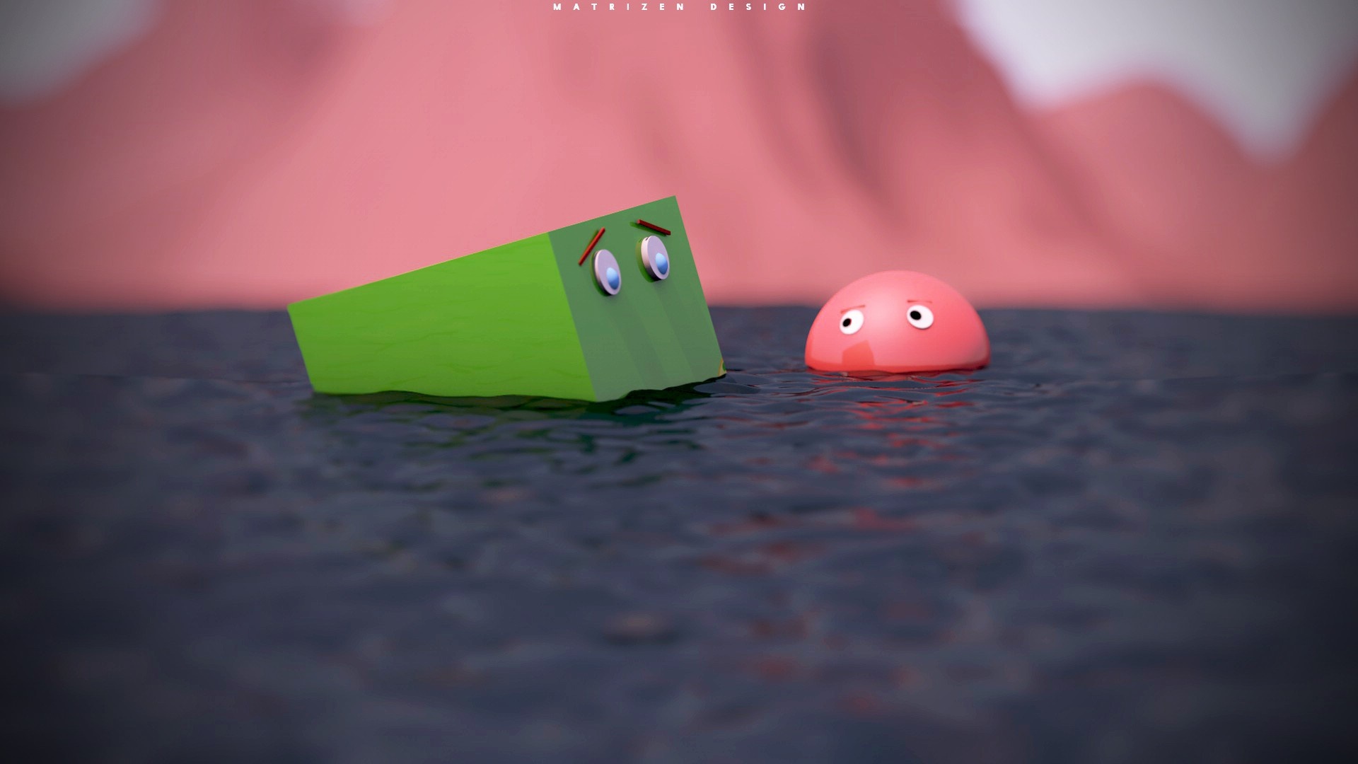 Green cube and pink sphere in water HD Wallpaper