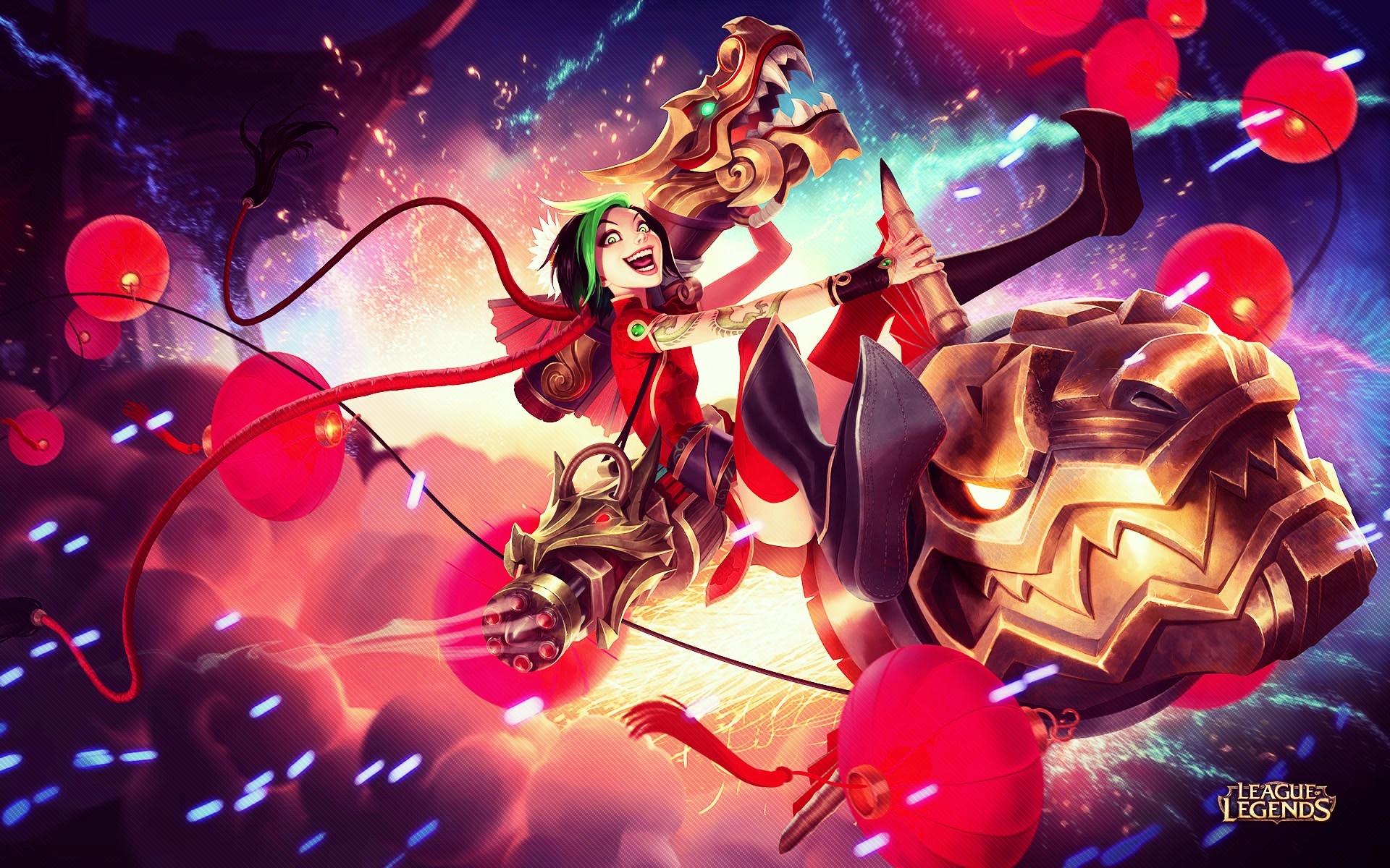 Jinx from League of Legends riding a rocket HD Wallpaper