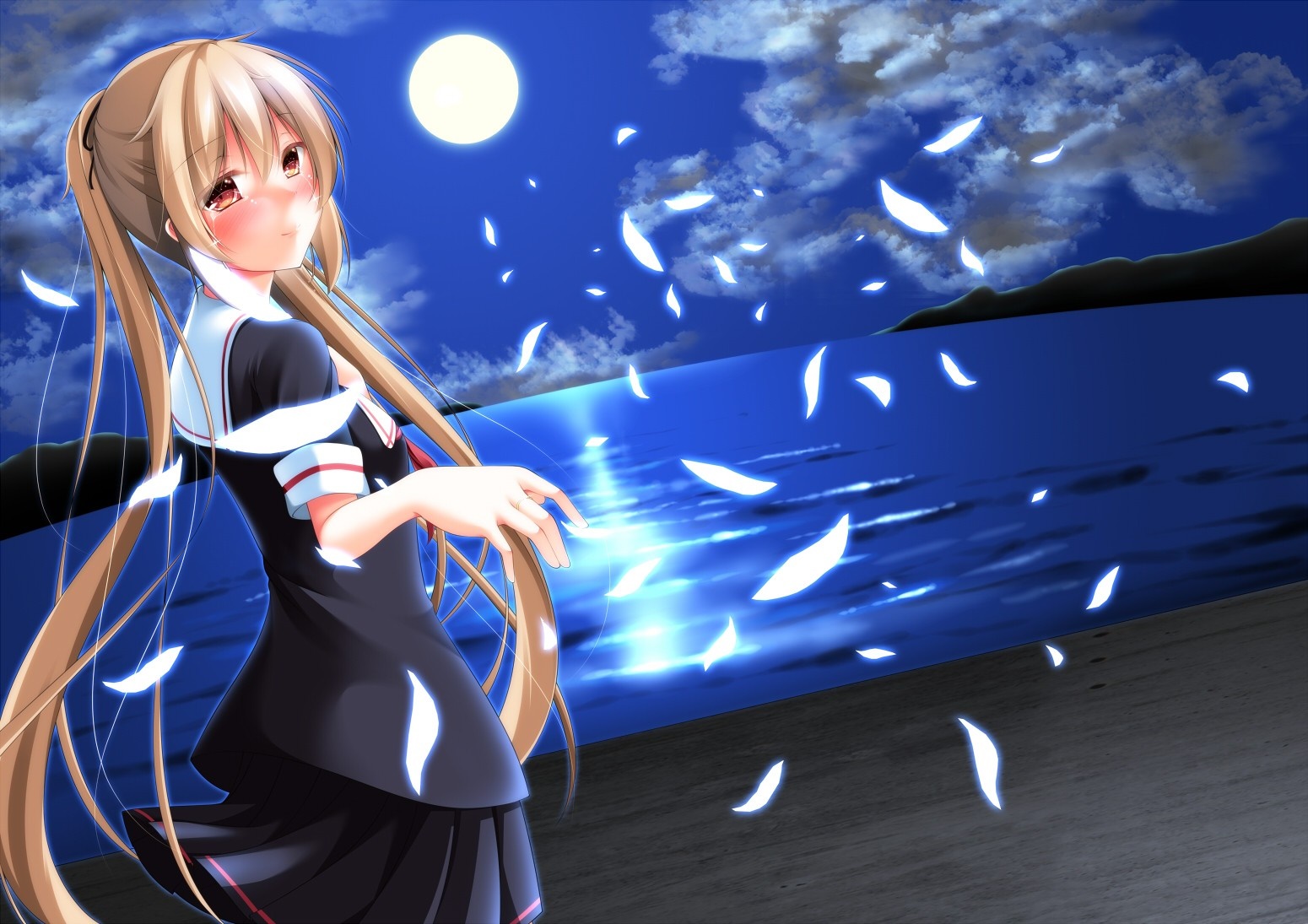 Murasame from Kantai Collection by the sea at night HD Wallpaper