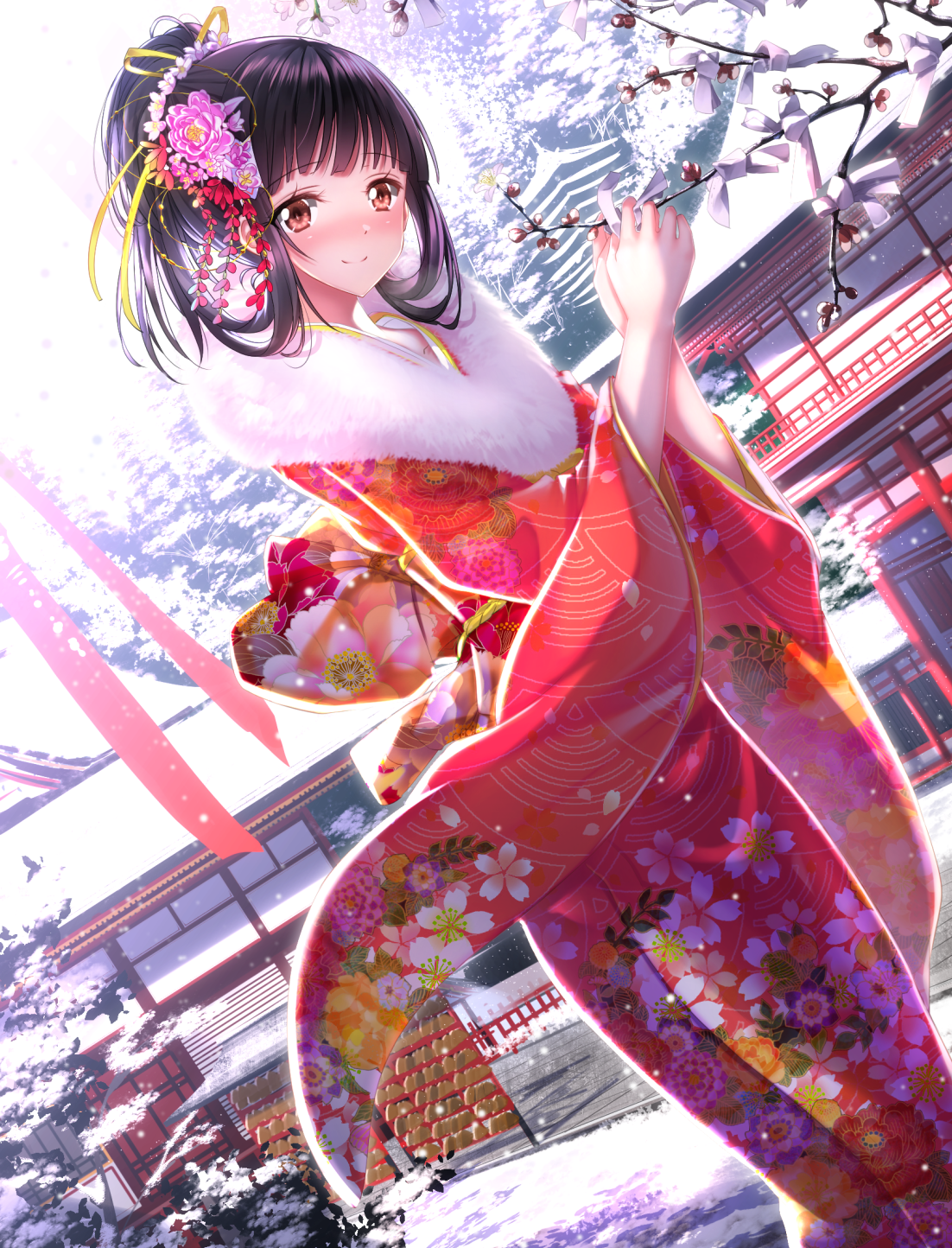 Anime girl in kimono in snow HD Wallpaper