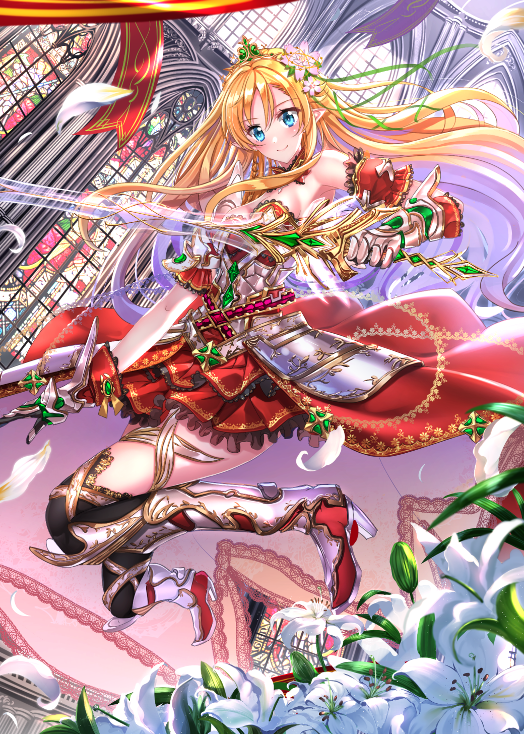Anime girl in armor with sword in church HD Wallpaper