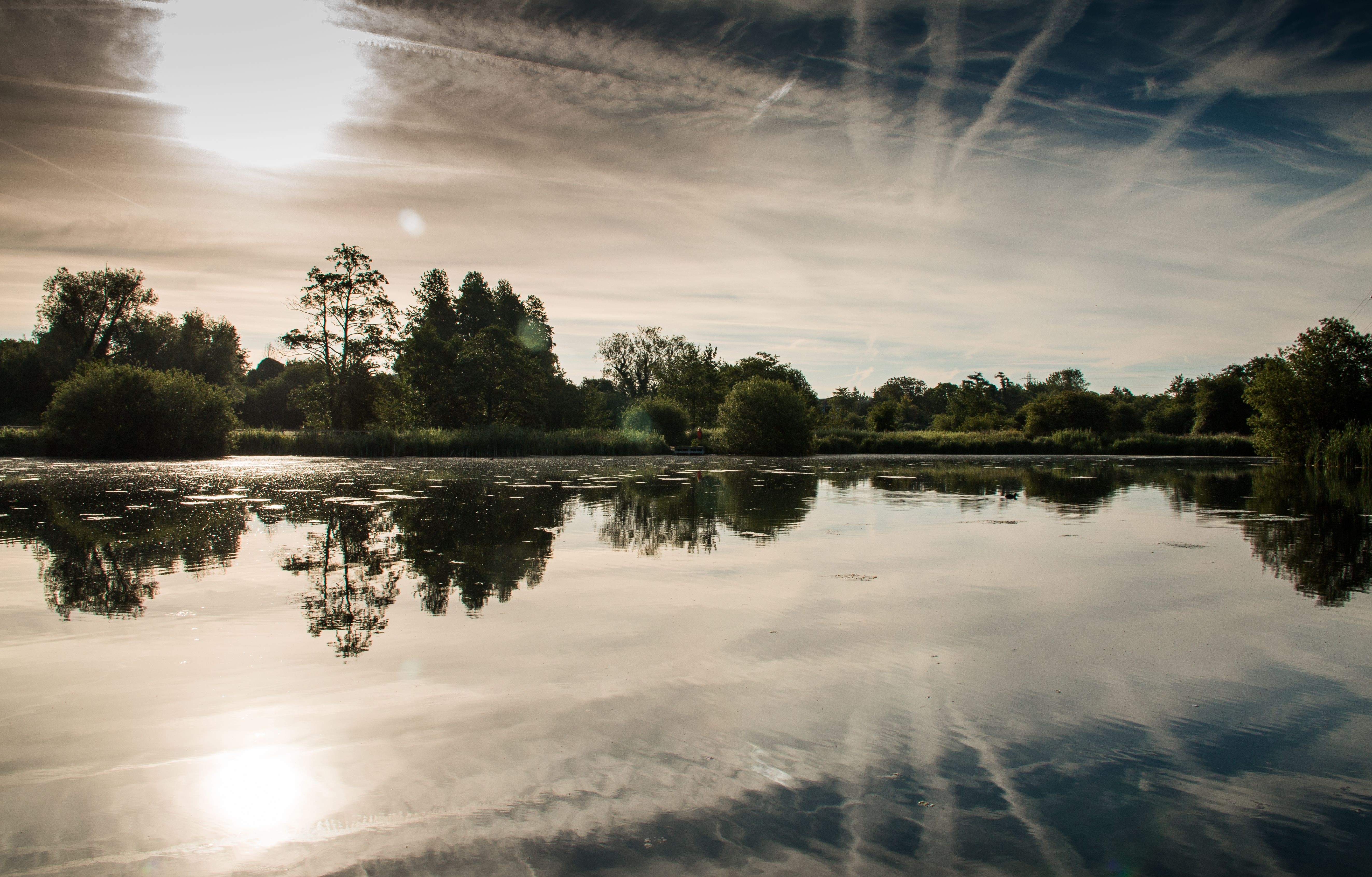 Lake reflection at sunrise with trees and clouds HD Wallpaper