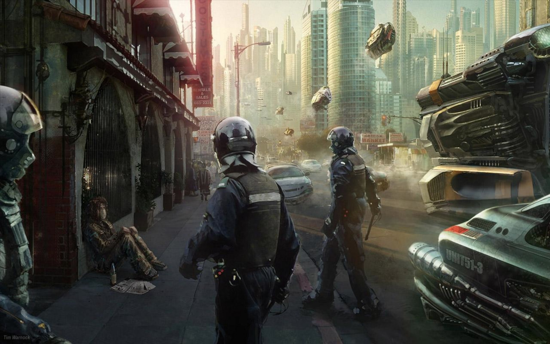 Futuristic police officers patrol a city street with flying vehicles HD Wallpaper
