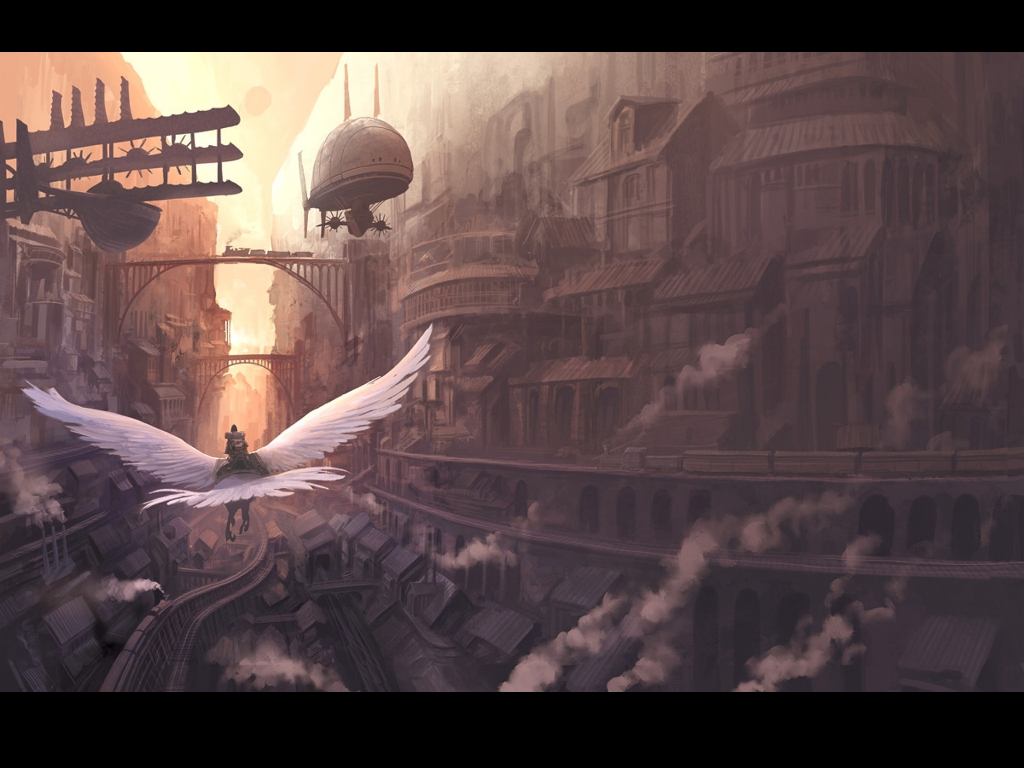 Steampunk city with flying creature and airships HD Wallpaper