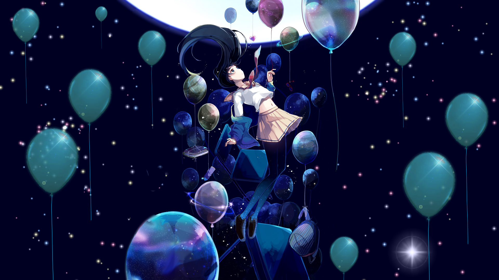 Girl floating among balloons in space HD Wallpaper