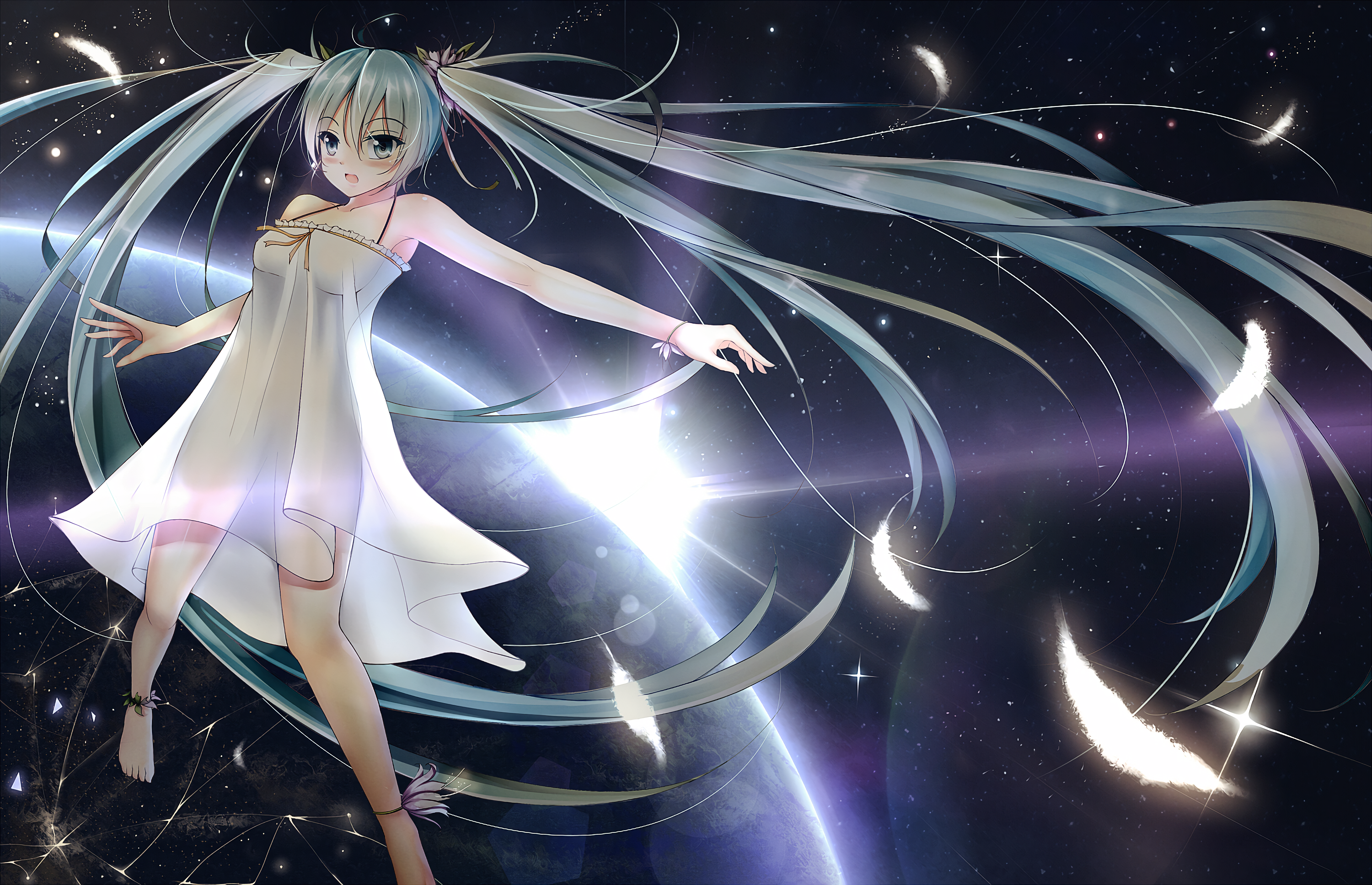 Hatsune Miku in a white dress in space with feathers HD Wallpaper