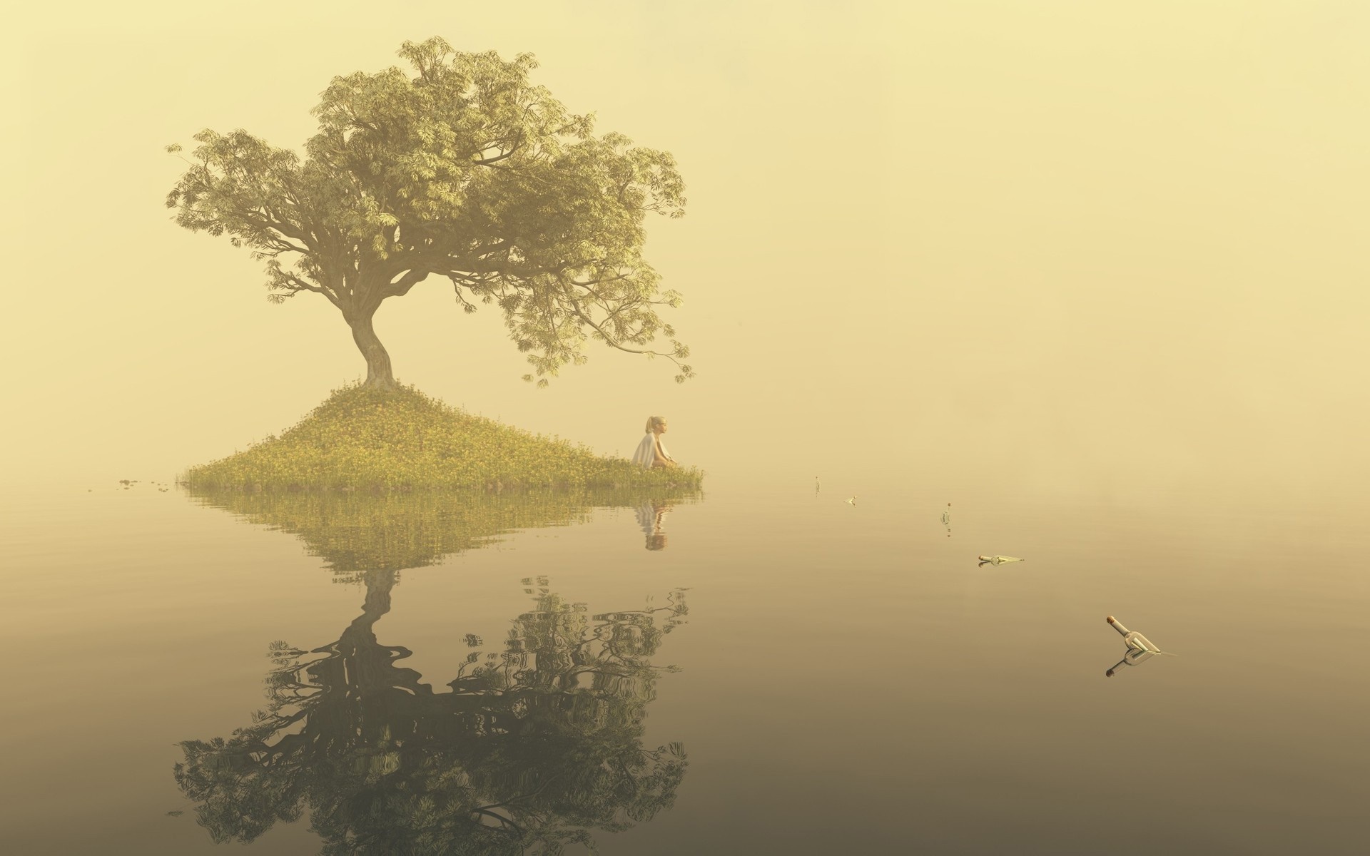Girl on island with tree reflected in water HD Wallpaper