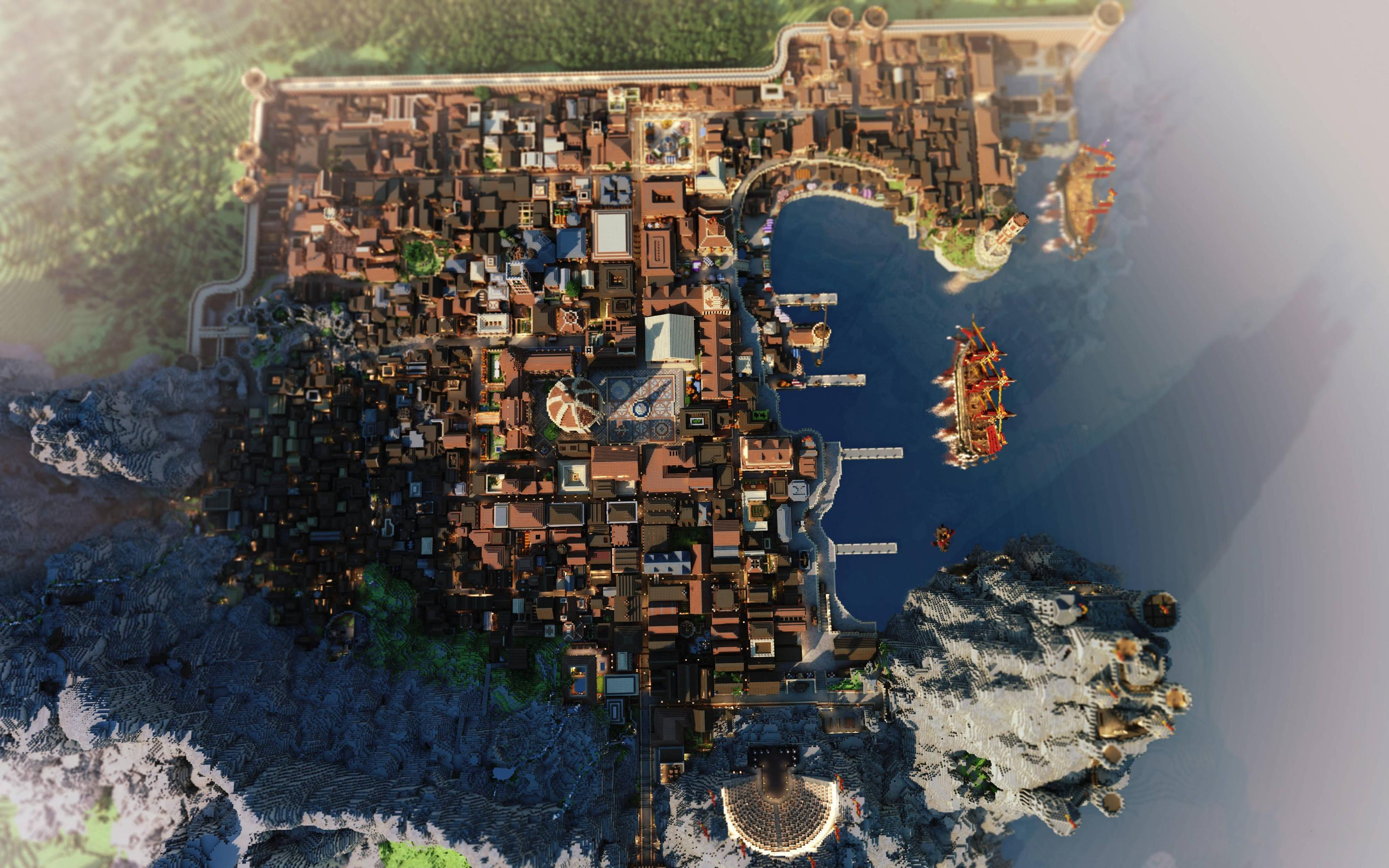 Minecraft city built on a rocky coast with ships HD Wallpaper
