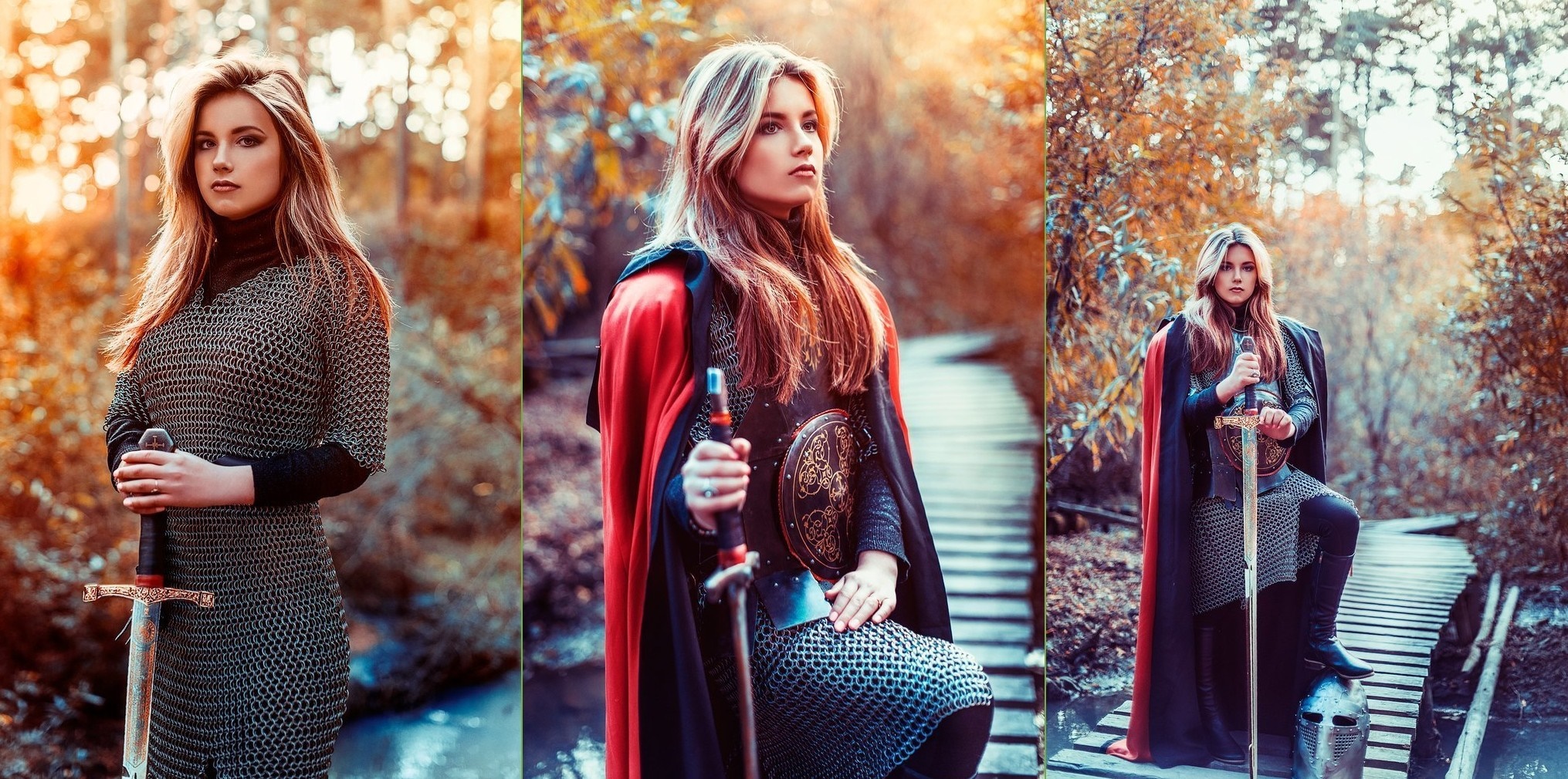 Woman in chainmail holding a sword in a forest HD Wallpaper