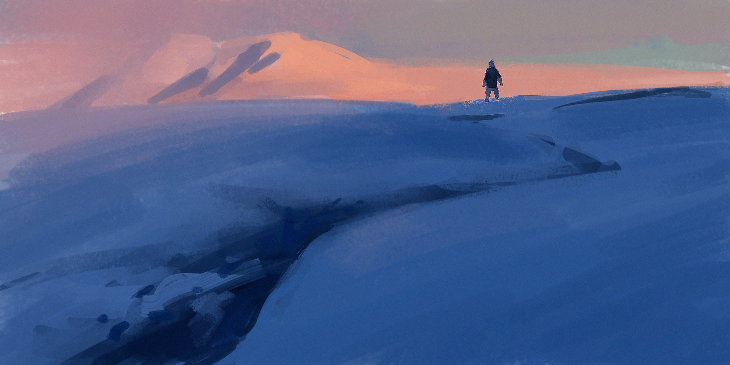 Person standing on a snowy plain with mountains in the background HD Wallpaper