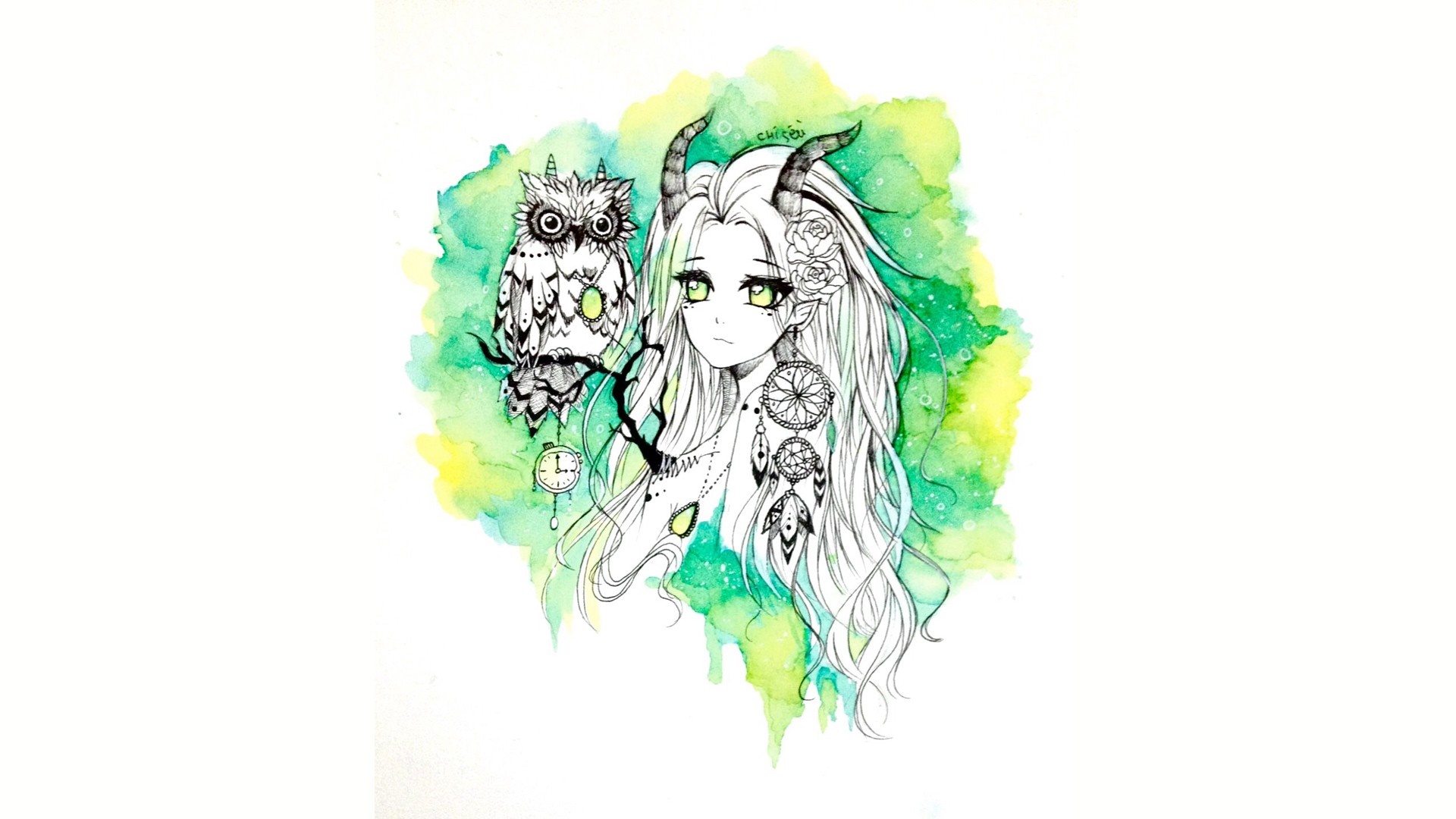 Anime girl with horns and owl on a watercolor background HD Wallpaper