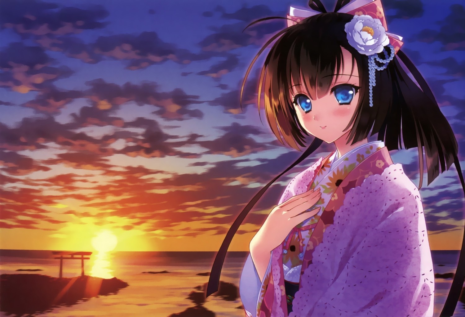 Akizuki from Kantai Collection in Kimono at Sunset HD Wallpaper