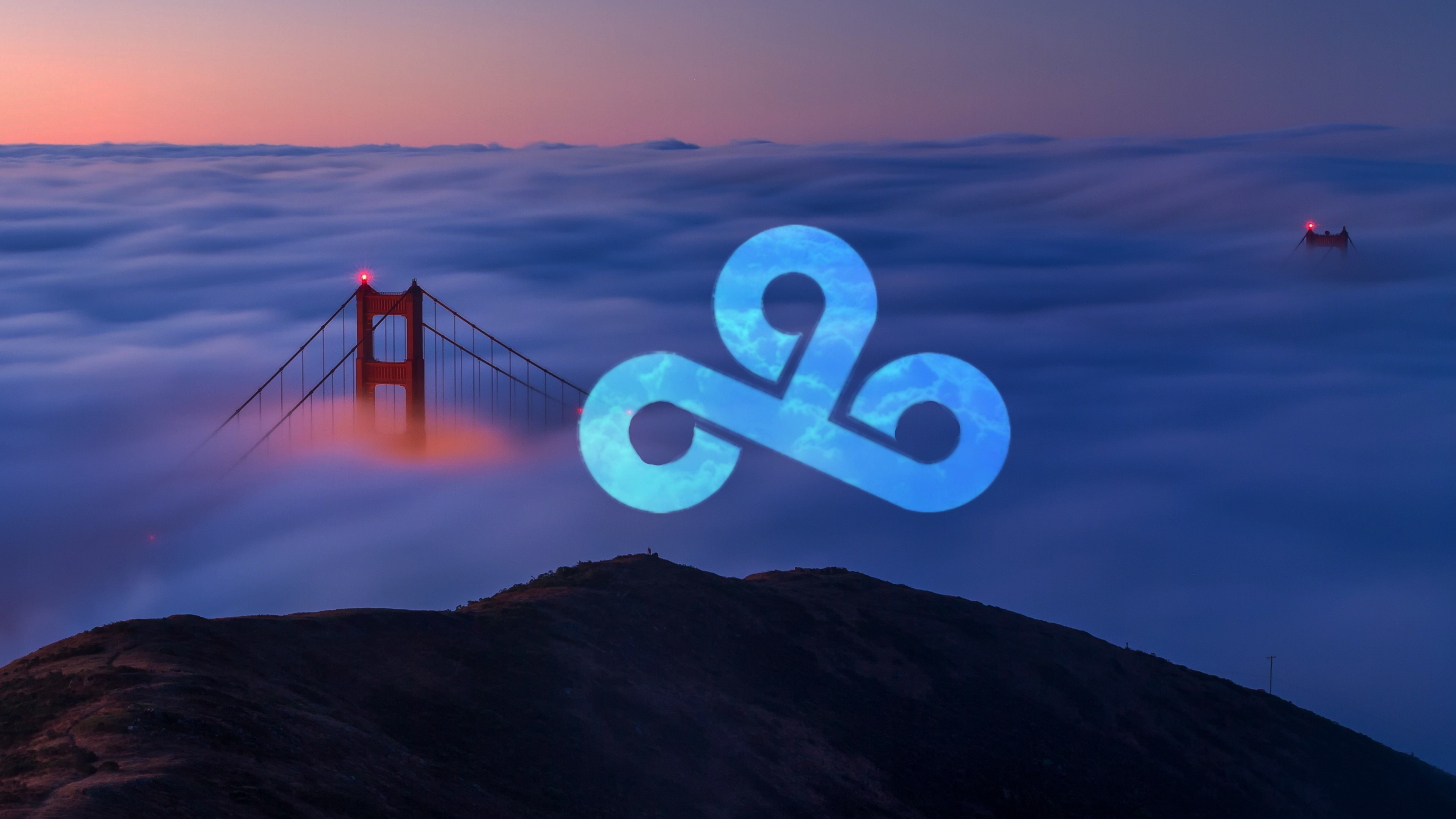 Cloud9 logo over Golden Gate Bridge in fog HD Wallpaper