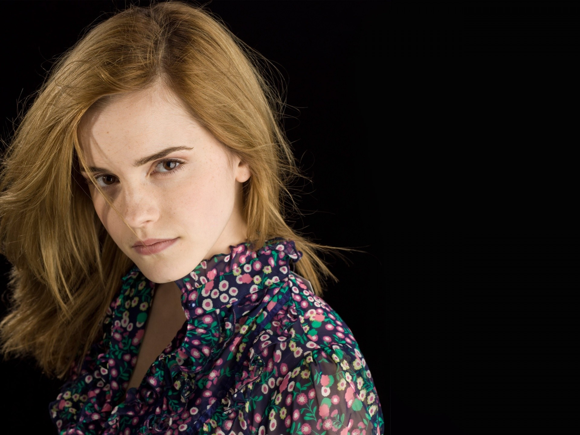 Emma Watson portrait with floral shirt HD Wallpaper