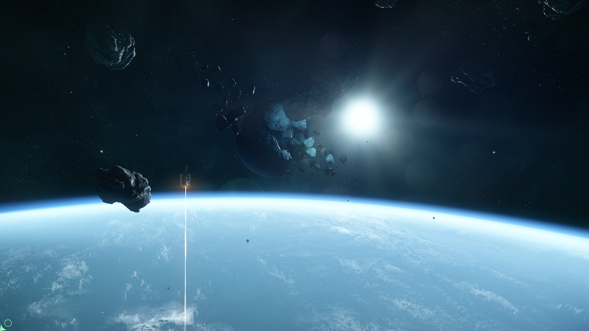 Star Citizen: Asteroid field above Earth with sun glare HD Wallpaper