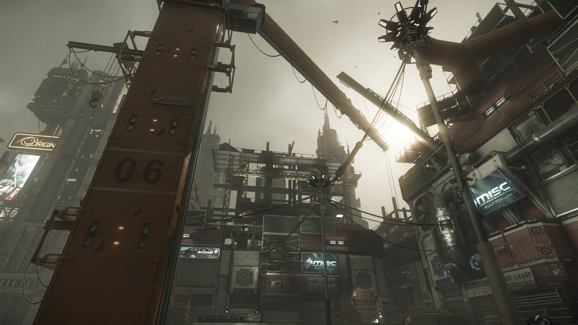 Star Citizen cityscape with MISC and Origin brands HD Wallpaper