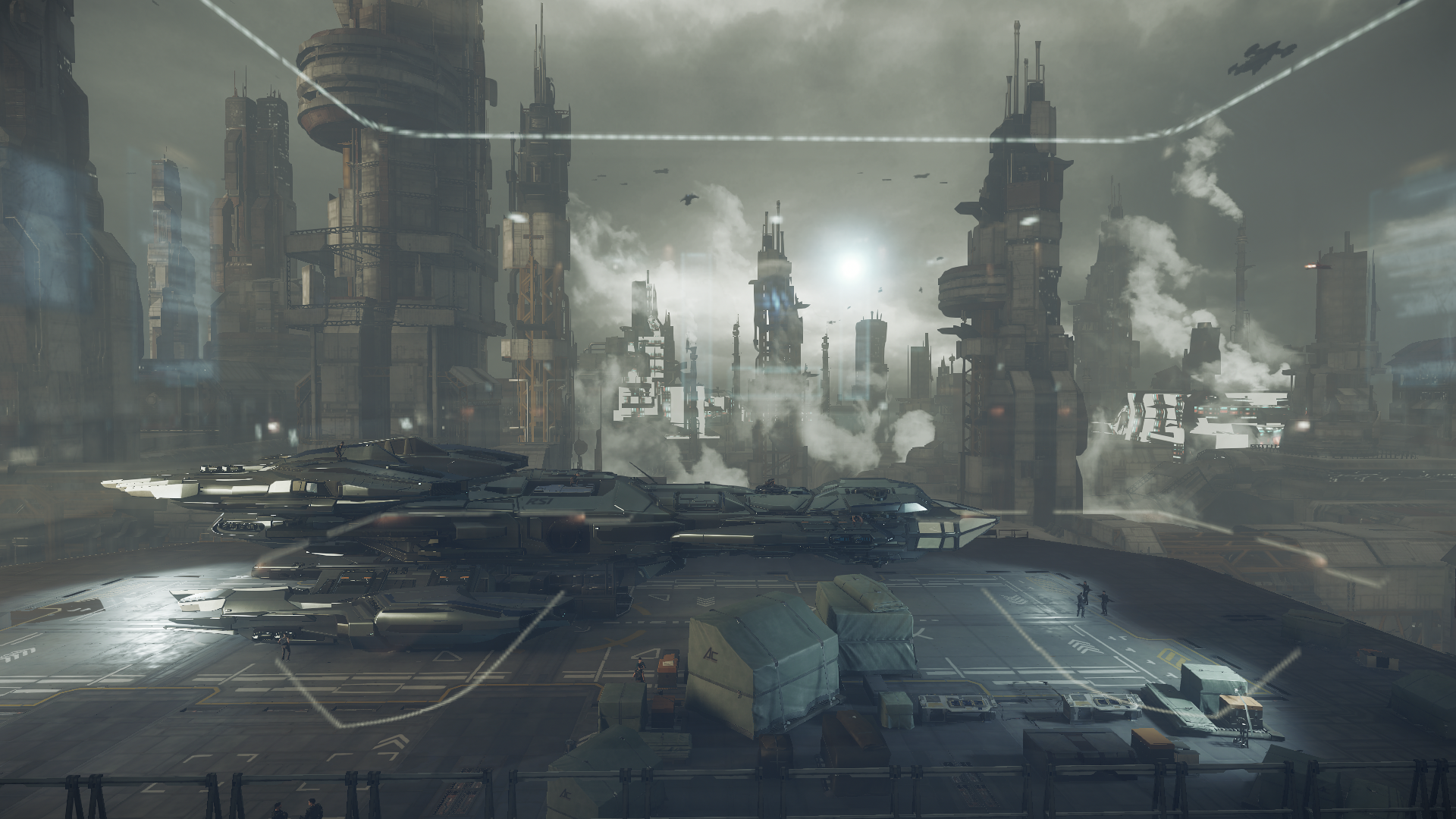 Star Citizen screenshot of a futuristic city and spaceship HD Wallpaper
