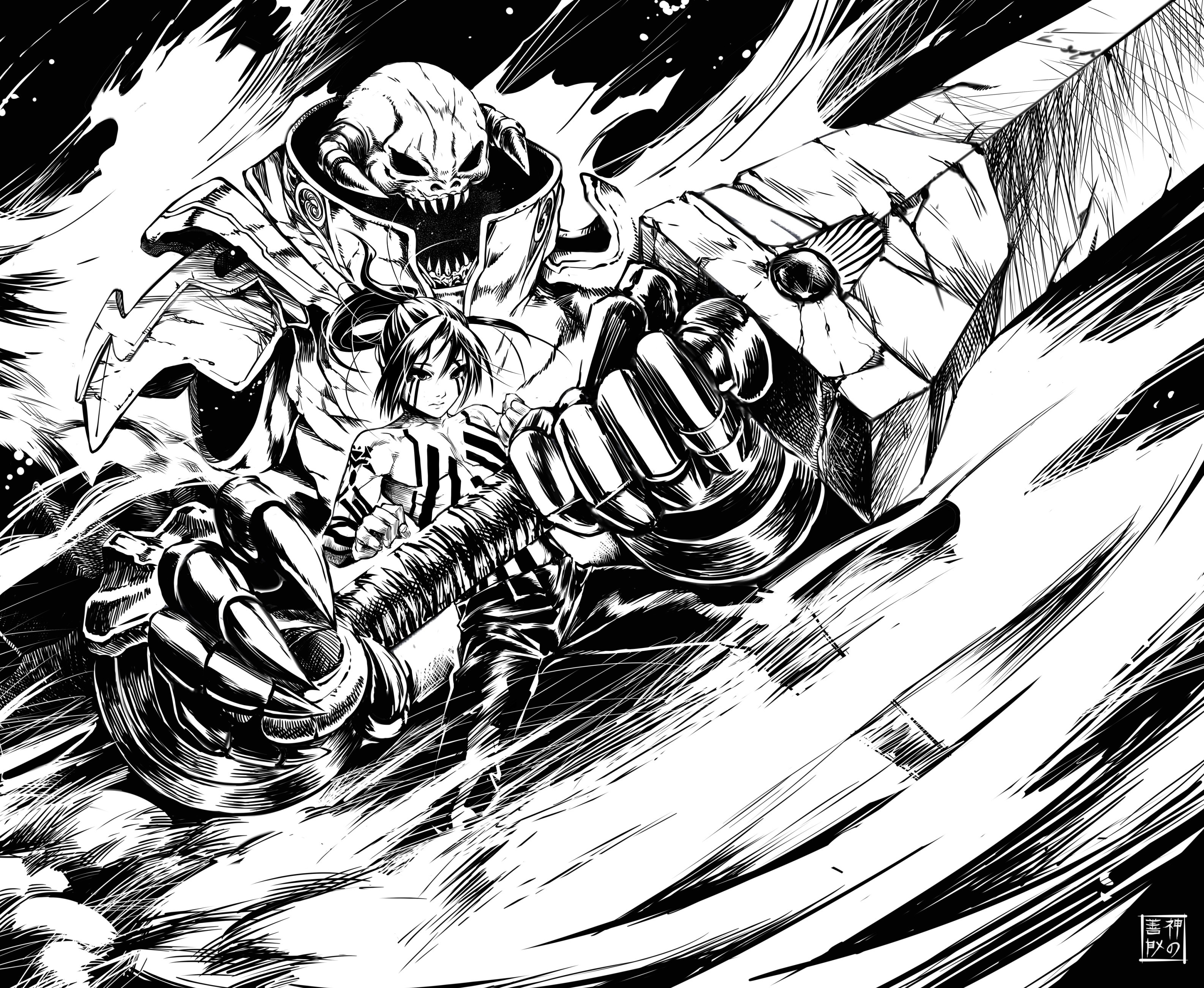 Girl and demon with a giant sword in black and white HD Wallpaper