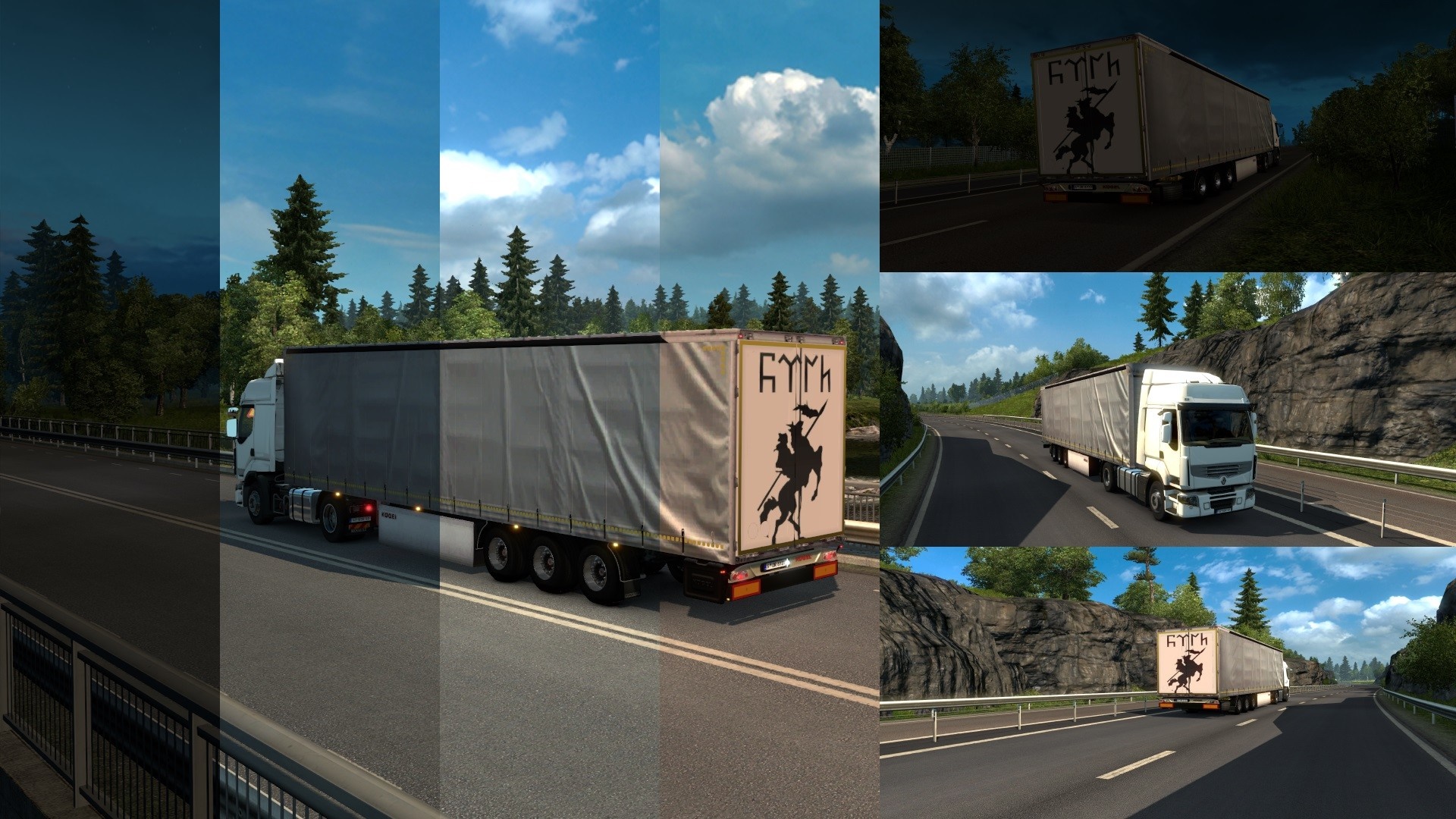 Truck with trailer on a highway in different lighting conditions HD Wallpaper